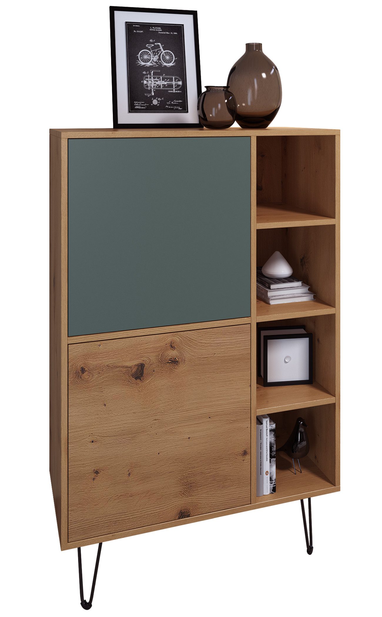 Vladon Highboard Havana V1 (Schrank mit 2 Türen und 4 offene Fächer, Kommode Made in Germany), Eiche Evoke / Fjord Grün (124 x 79 x 35 cm)