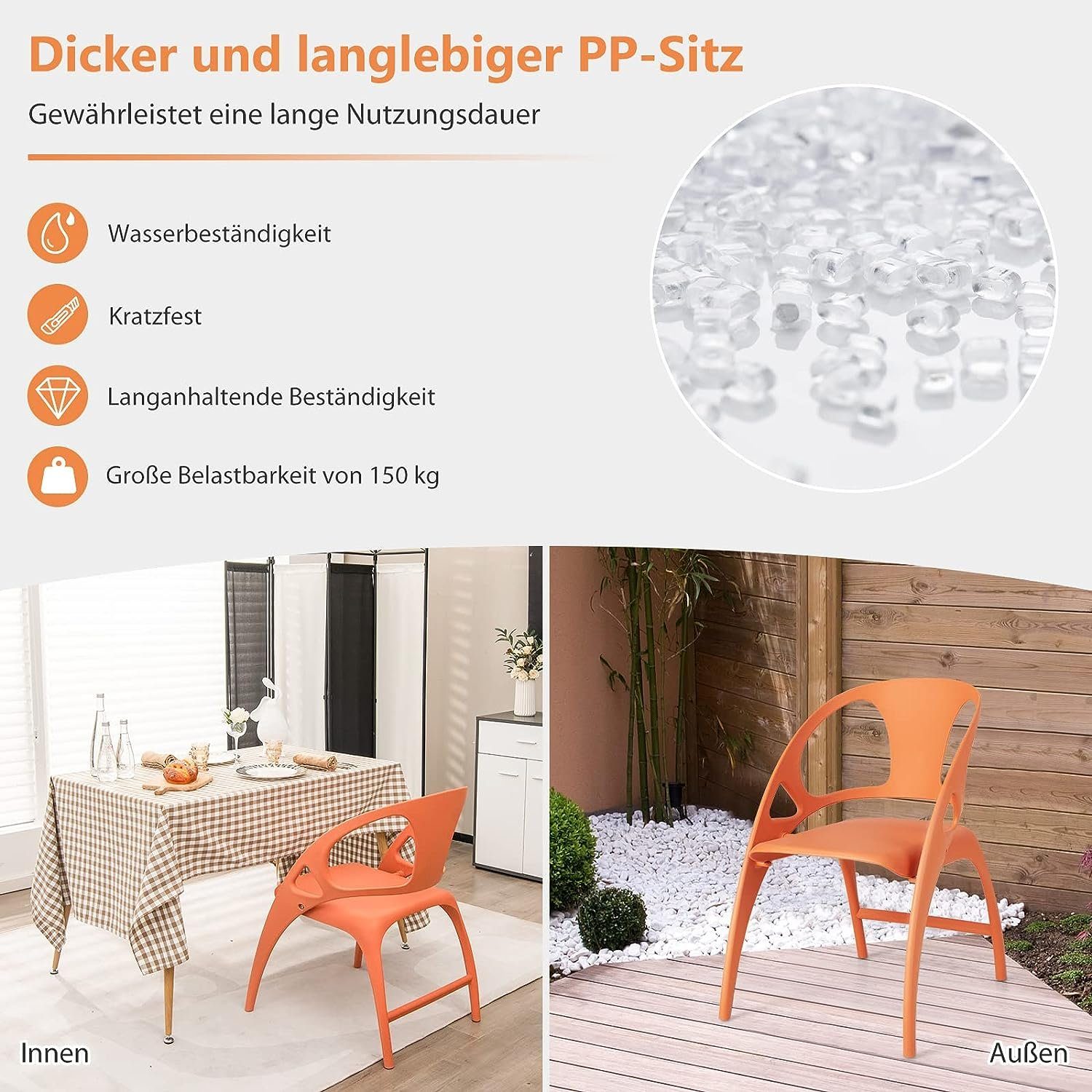 KOMFOTTEU Gartenstuhl Kunststoffstuhl (2er-Set), mit orange 150kg Rückenlehne, Belastbar