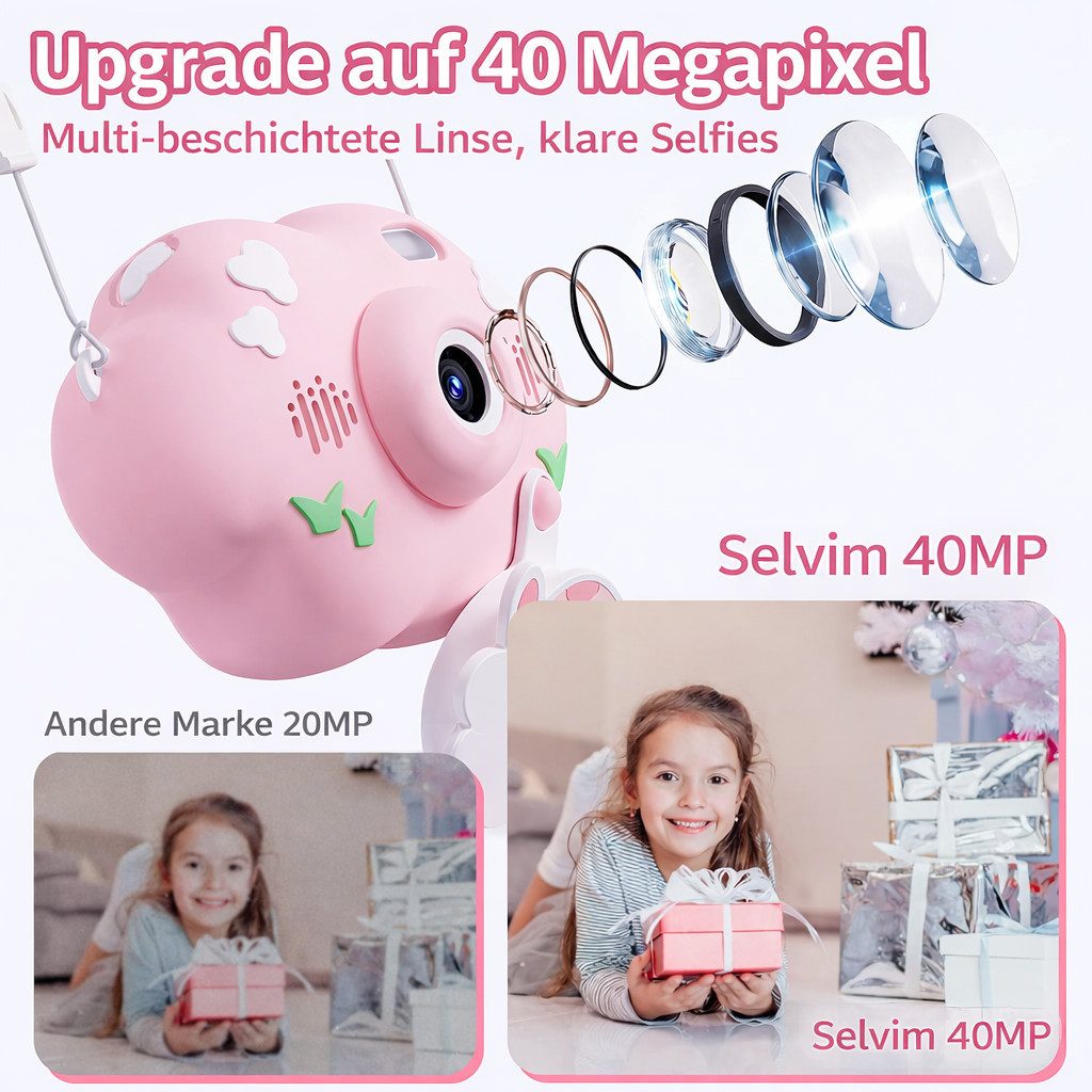 Vivitar Kinderkamera 40 MP mit 2,4 Zoll IPS Bildschirm, Selfie- & HD Video Kinderkamera (40 MP, inkl. 32 GB SD-Karte, 1000 mAh Akku, 8x Zoom, Zeitlupe, Zeitraffer, Sticker-Fotos, Spiele, Musik, stoßfestes Design)