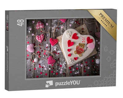 puzzleYOU Puzzle Ein liebevoll dekorierter Kuchen in Herzform, 48 Puzzleteile, puzzleYOU-Kollektionen Festtage
