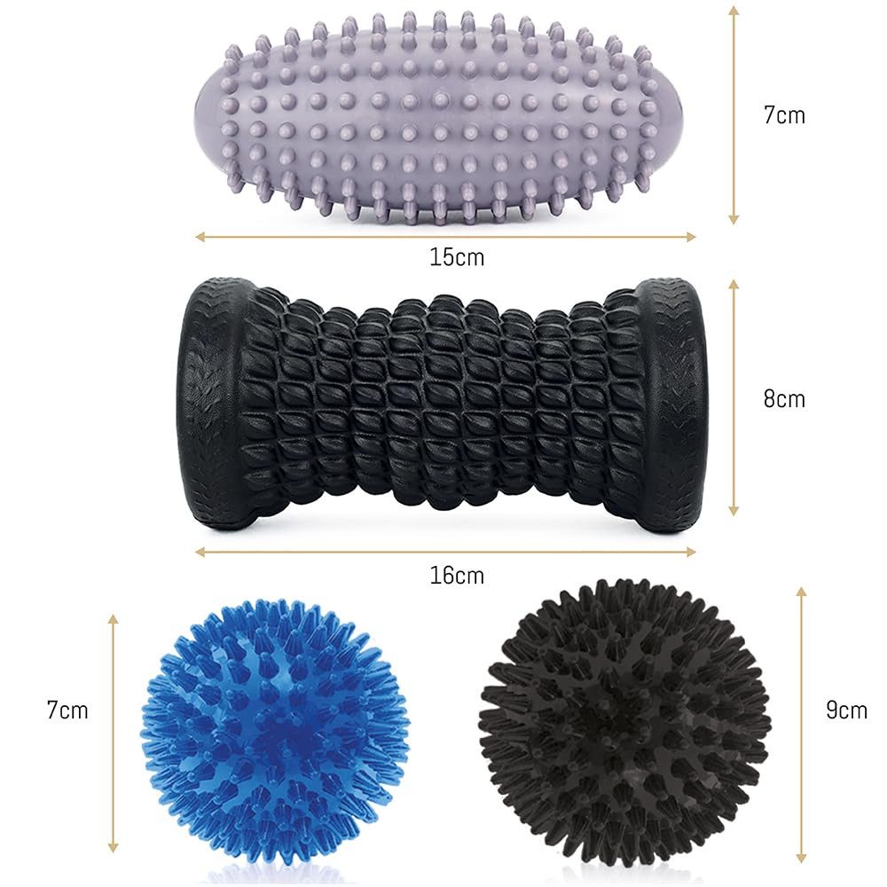 BOZEERA Massageball Fußmassage Set: 1x Roller, 2x Noppenball, 1x ovaler Stachelball, Fußroller & Igelbälle mittel, ovaler Stachelball hart, für Rücken Beine Füße, Inkl Video,Poster & Tasche