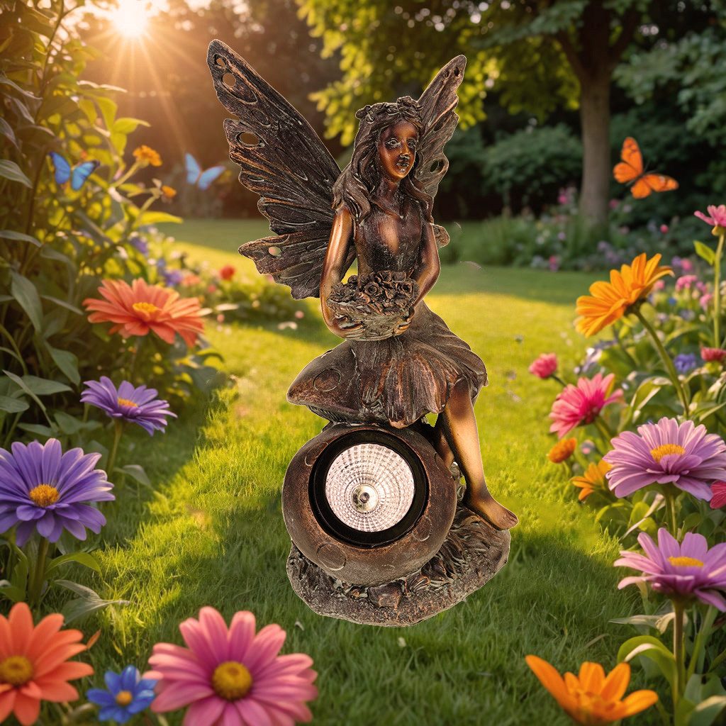 Kremers Schatzkiste Gartenfigur Edle Elfe mit Solar Blumenstrauß Figur Gartenfigur 30cm Fee Fairy LED