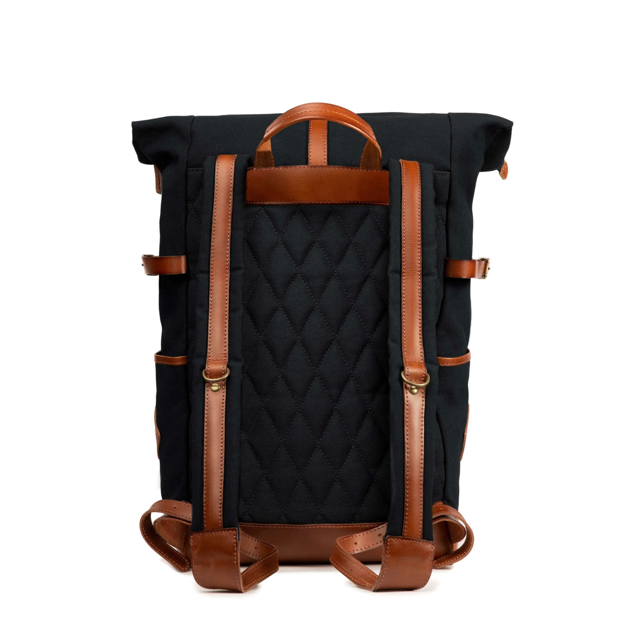 DRAKENSBERG Rucksack Roll-Top »Wyatt« Schwarz, Outdoor-Rucksack aus imprägniertem Canvas mit Leder, 15" Laptopfach