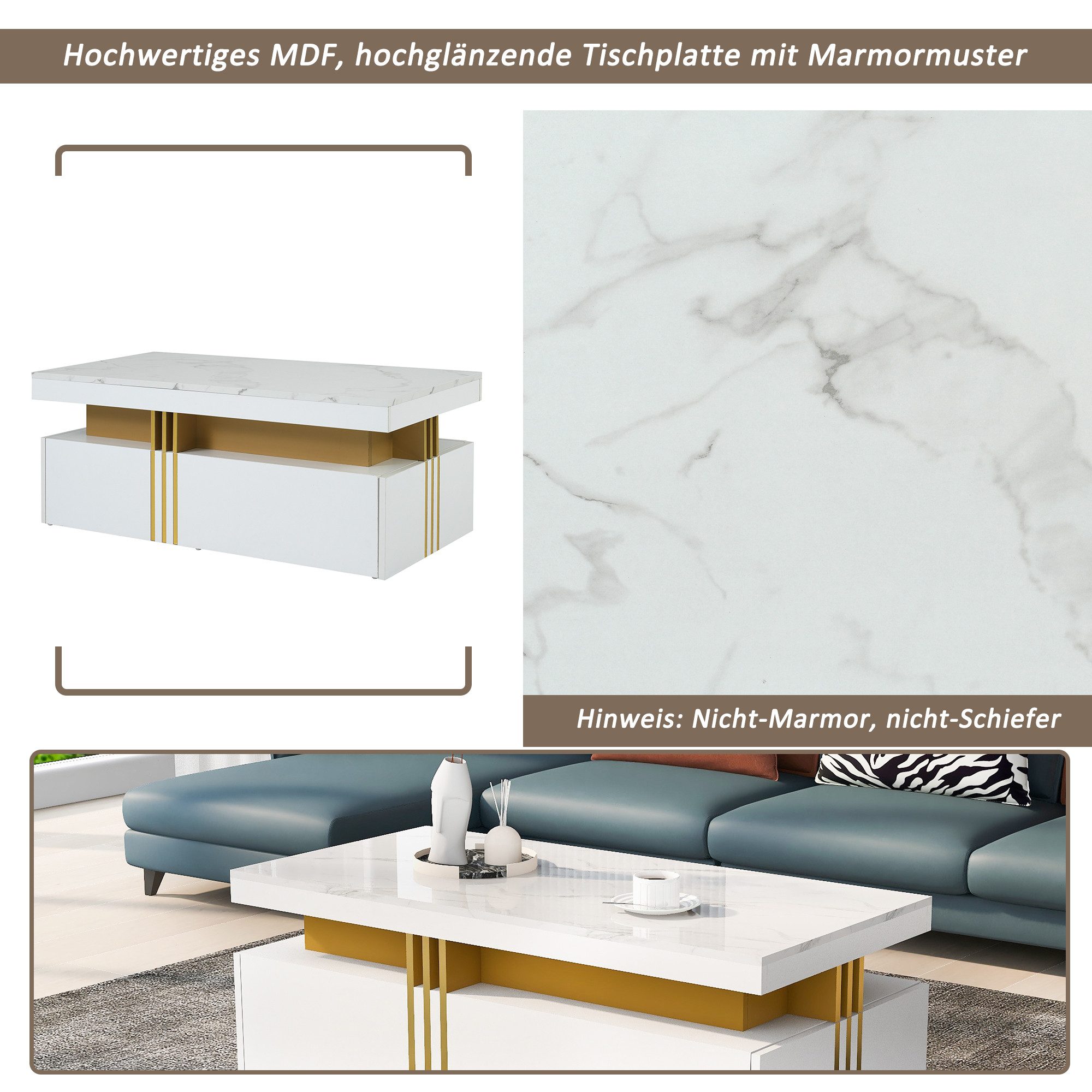 Merax Couchtisch mit Schubladen und Tischplatte in Marmoroptik, Beistelltis günstig online kaufen