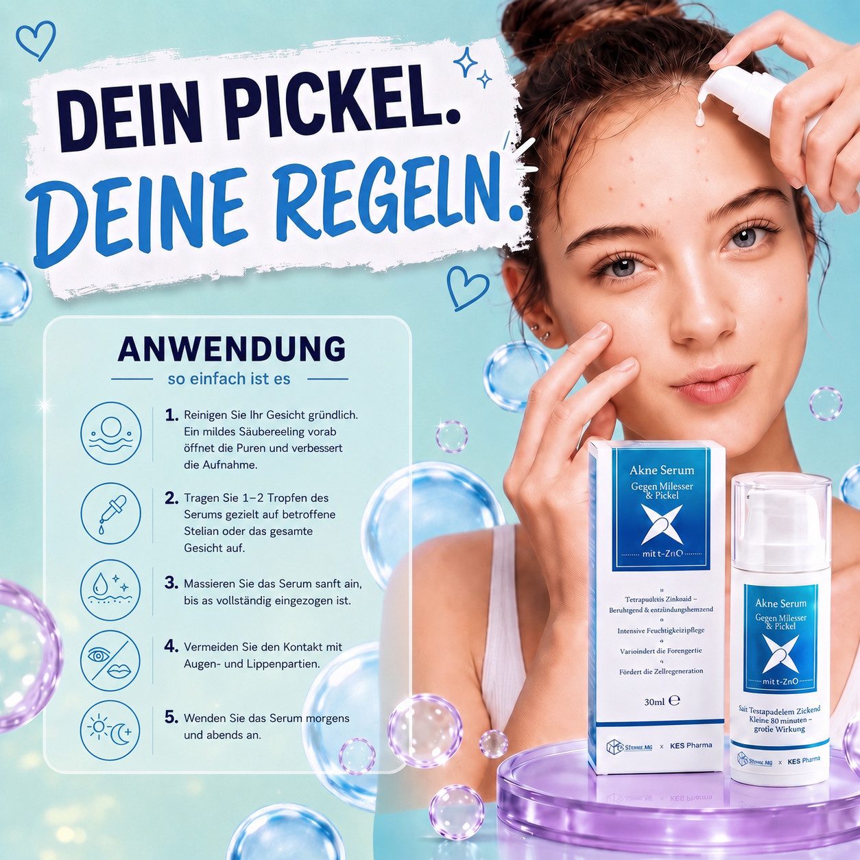 KES Pharma Gesichtsserum KES Pharma Akne-Serum mit tetrapodalem Zinkoxid (t-ZnO), – Unterstützt die Pflege bei Pickeln, Mitessern und fettiger Haut.