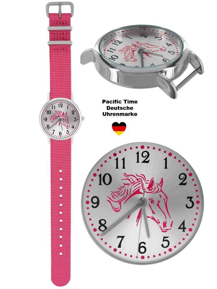 Pacific Time Quarzuhr Kinder Armbanduhr Mädchen Pferd rosa Wechselarmband rosa 10121, + ein Regenbogen Armband - Gratis Versand