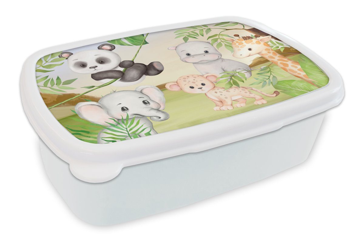 MuchoWow Lunchbox Dschungeltiere - Kinder - Panda, Kunststoff, (2-tlg), Brotbox für Kinder und Erwachsene, Brotdose, für Jungs und Mädchen weiß