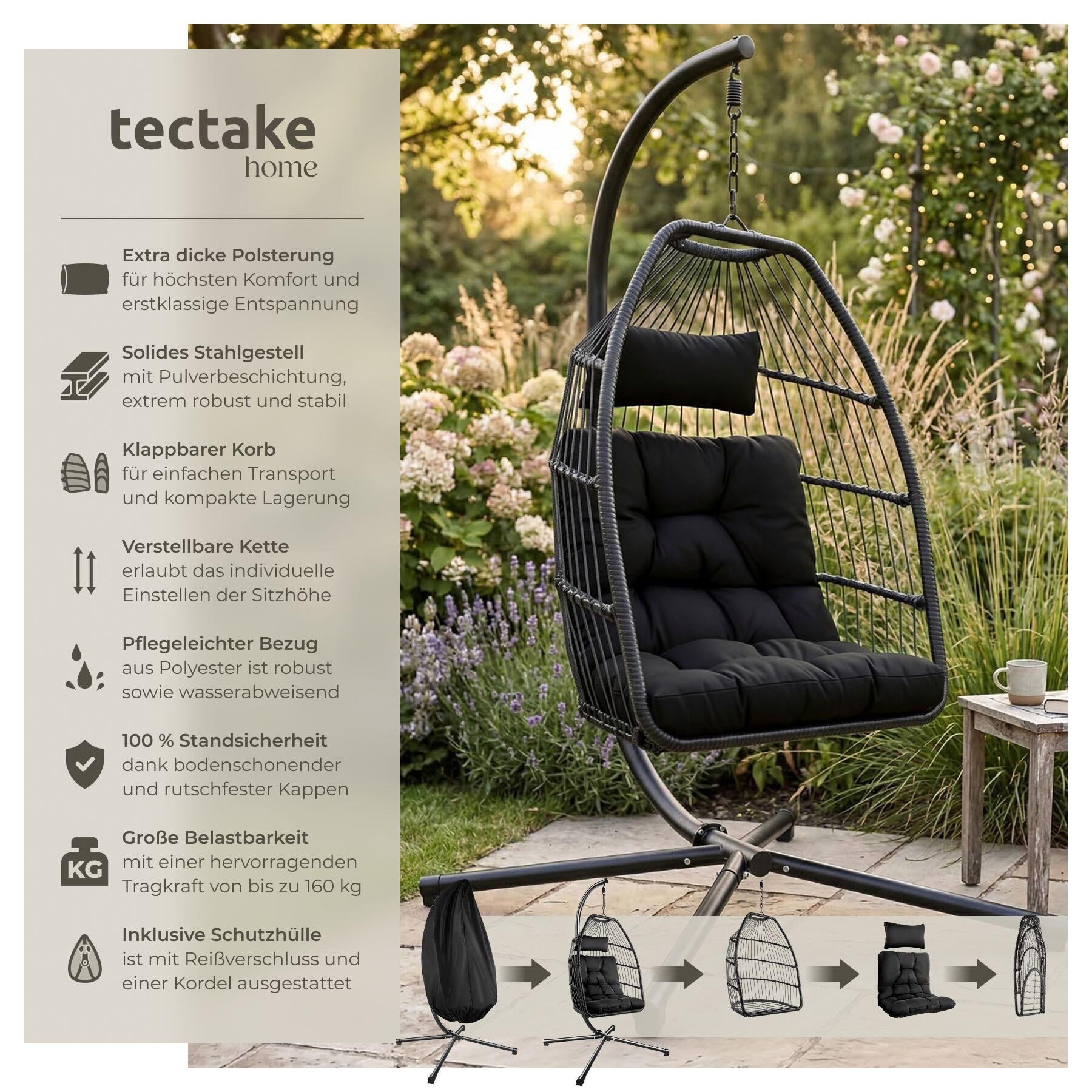 tectake Hängesessel Schwebesessel mit extra dickem Sitz- und Kopfkissen, bis 160 kg (Hängesofa Ariane, in Schwarz), Inkl. Schutzhülle und für Indoor sowie Outdoor geeignet