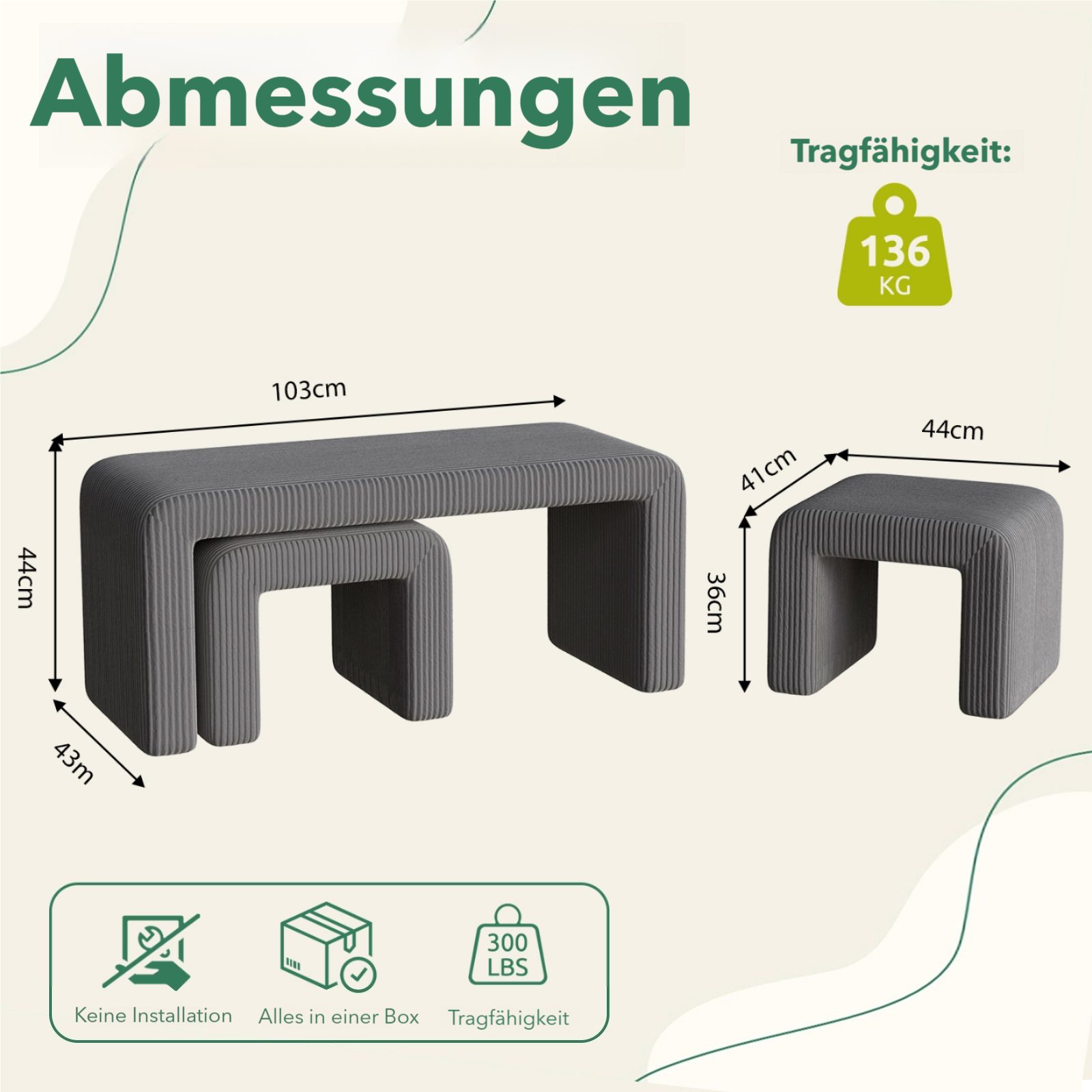 TLGREEN Sitzbank 103 cm × 44 cm × 43cm Polsterbank Set mit Fußhocker, (Doppelbank für 2 Personen,belastbar bis 136 kg,moderner Stoffbezug)