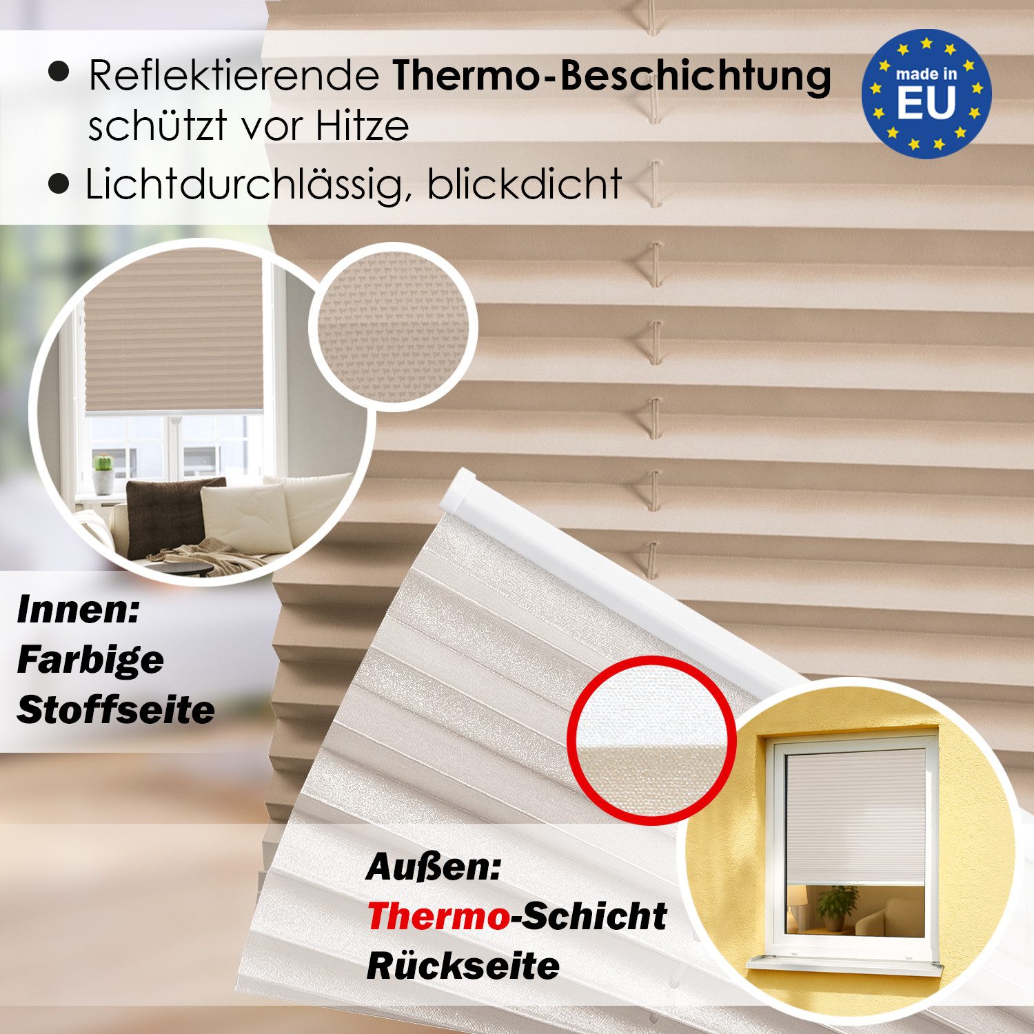 DomDeco Plissee Premium Thermo Plissee ohne Bohren, Sichtschutz, lichtdurchlässig, blickdicht, Klemmfix, Thermo-Wärmeschutz, verdunkelnd, blickdicht, Stufenlos