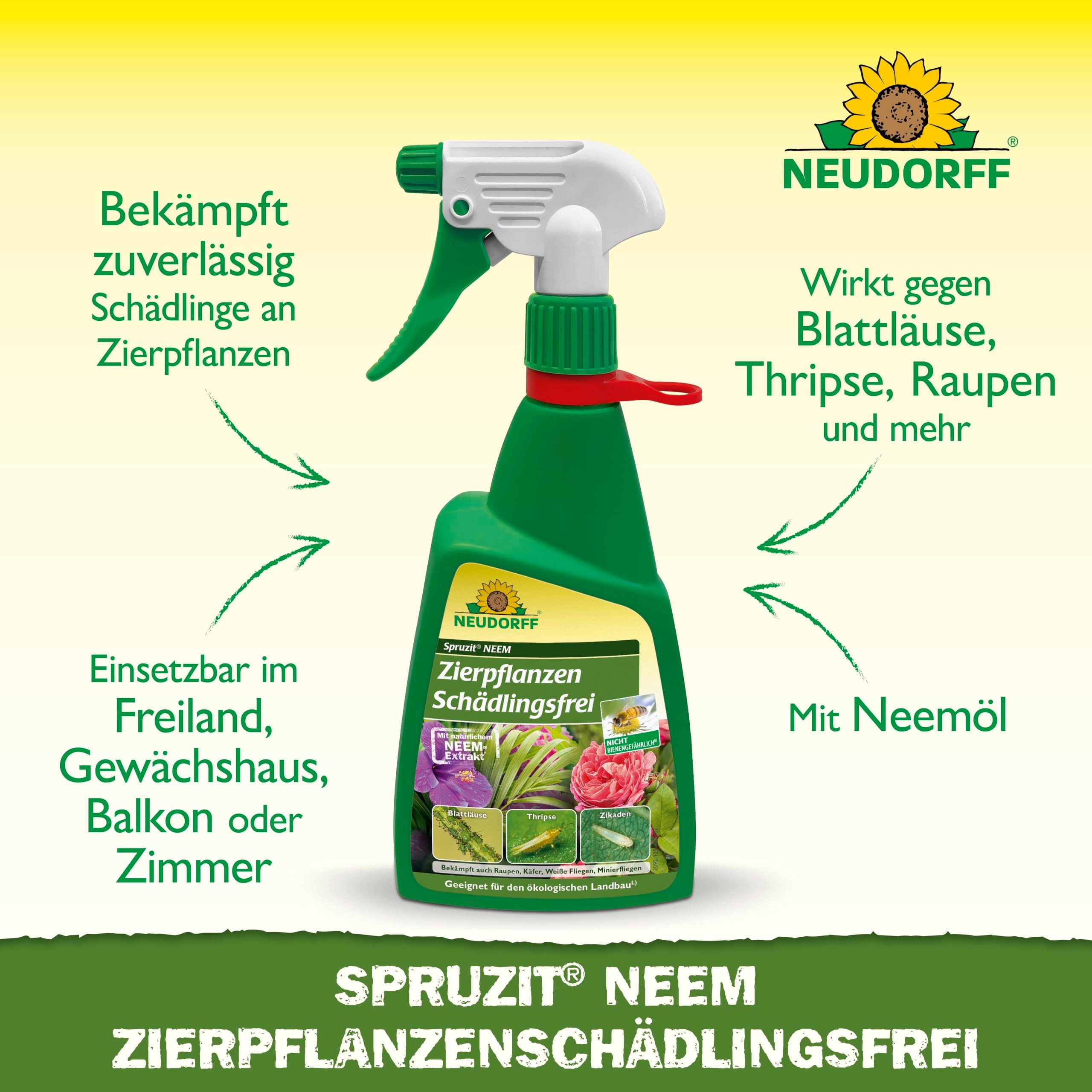 Neudorff Insektenspray Spruzit NEEM ZierpflanzenSchädlingsfrei 450 ml, 0.45 l, Bekämpft Schädlinge wie Blattläuse, Thripse und Raupen an Zierpflanzen