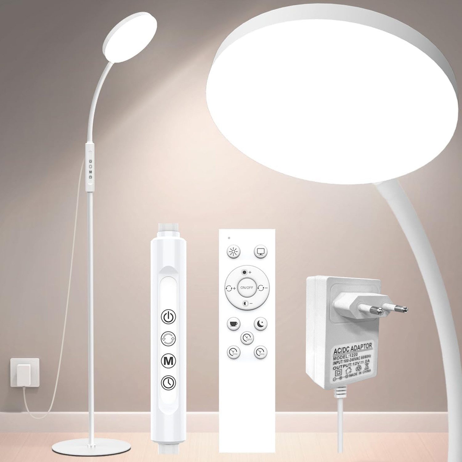 Rosnek Stehlampe Stehleuchte mit flexiblem Schwanenhals, dimmbar, Farbwahl & Timer, 1700–6000 K, Schwarz/Weiß, für Wohn- & Schlafzimmer