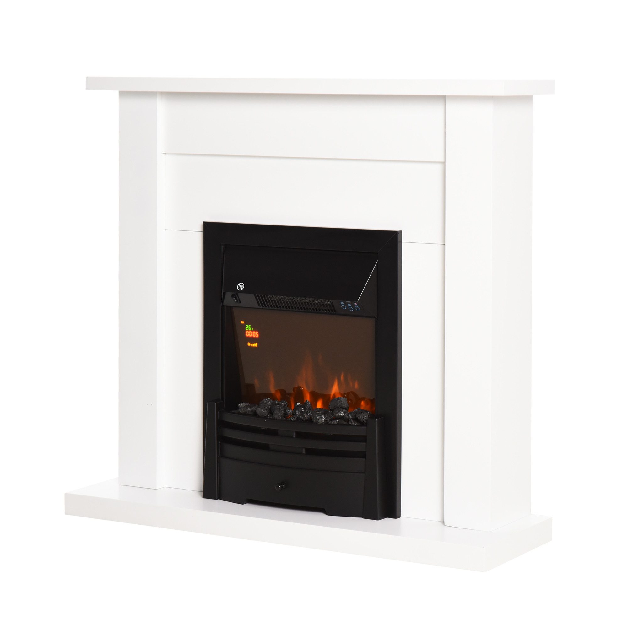 Rolipo Elektrokamin Elektrischer Kamin & weißem Kaminsims 2 Heizstufen Fernbedienung Timer, realistischem Flammeneffekt, für 20-25 m², 102x95x30cm