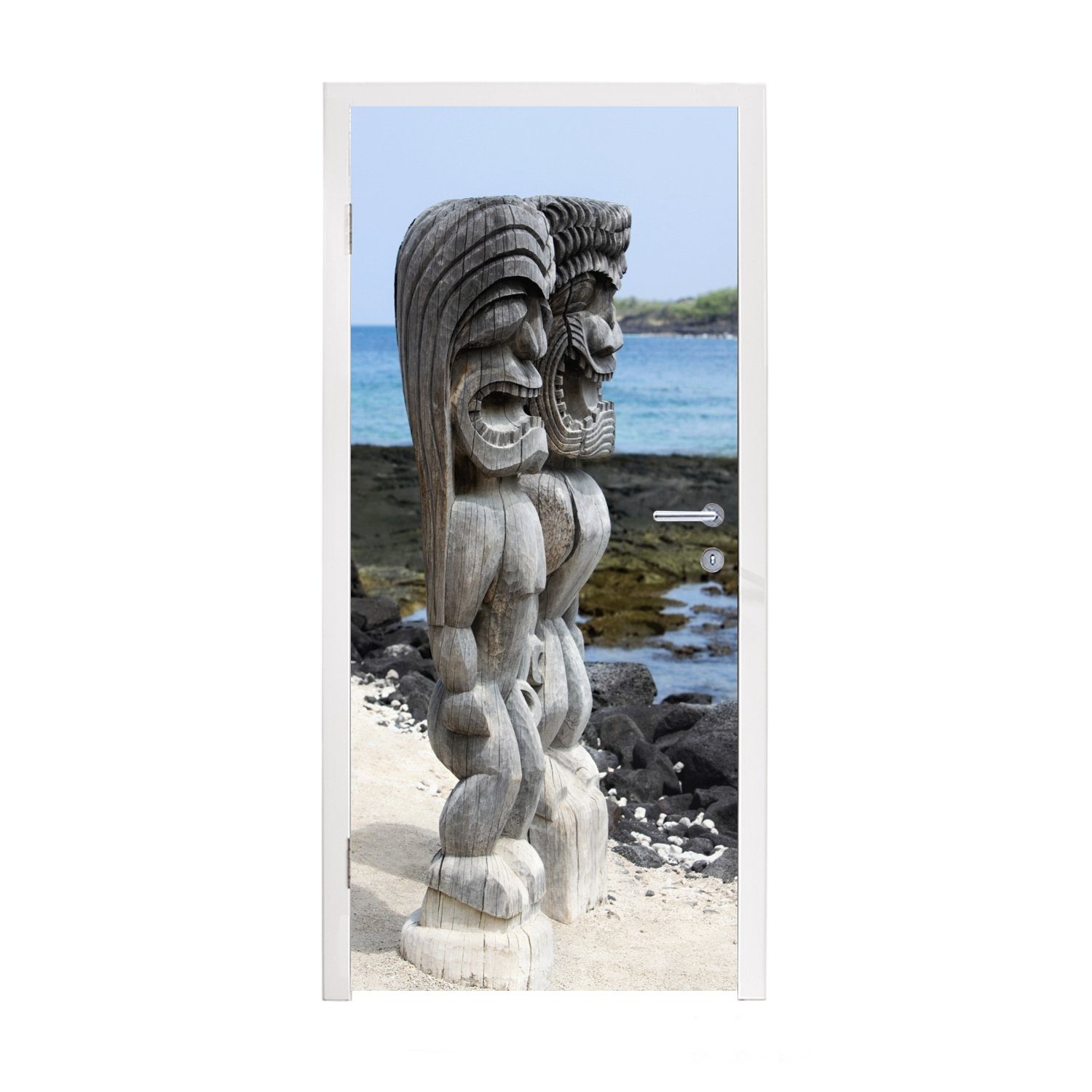 für Statuen Hawaii, Tür, cm am MuchoWow Matt, 75x205 bedruckt, Türtapete Fototapete St), Strand (1 Türaufkleber, von