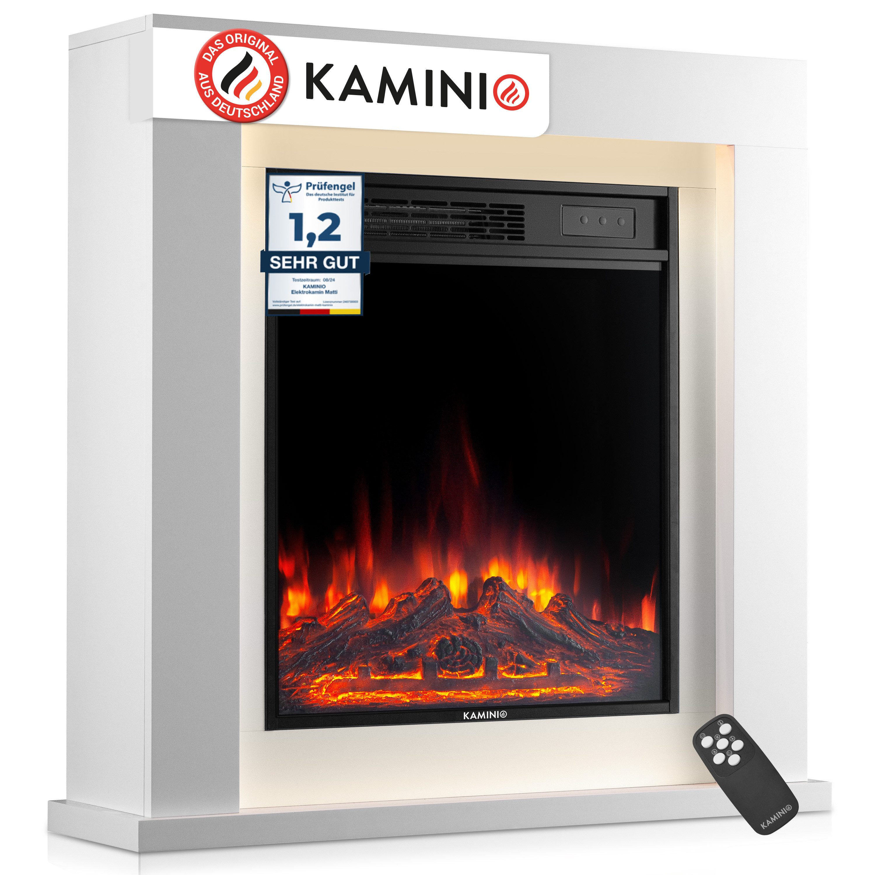 KAMINIO Elektrokamin MATTI, Elektrischer Kamin mit 3D-Flammeneffekt, Ambientelicht, Heizung 1800W
