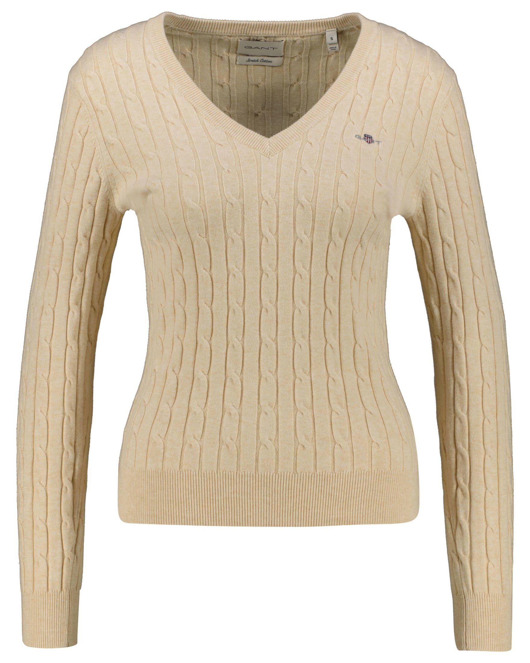 Strickpullover sand (21) T-Shirt COTTON Damen CABLE STRETCH V-NECK Gant (1-tlg)