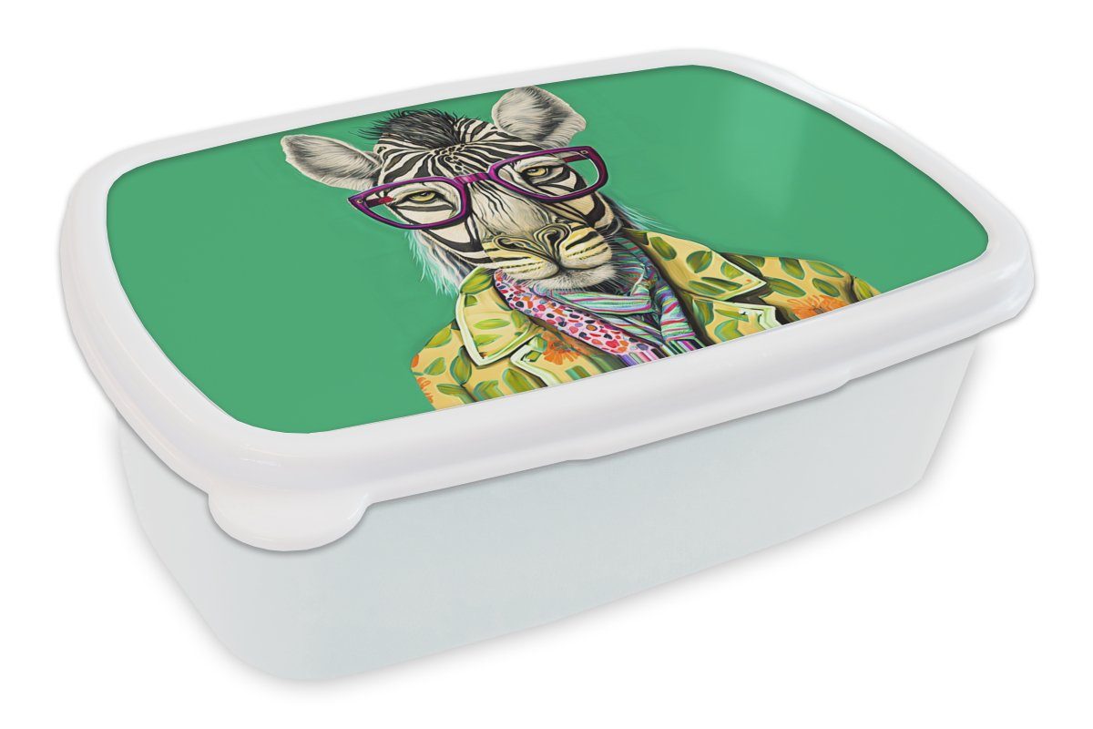 MuchoWow Lunchbox Zebra - Brille - Hippie - Blumen - Tiere, Kunststoff, (2-tlg), Brotbox für Kinder und Erwachsene, Brotdose, für Jungs und Mädchen weiß | Lunchboxen