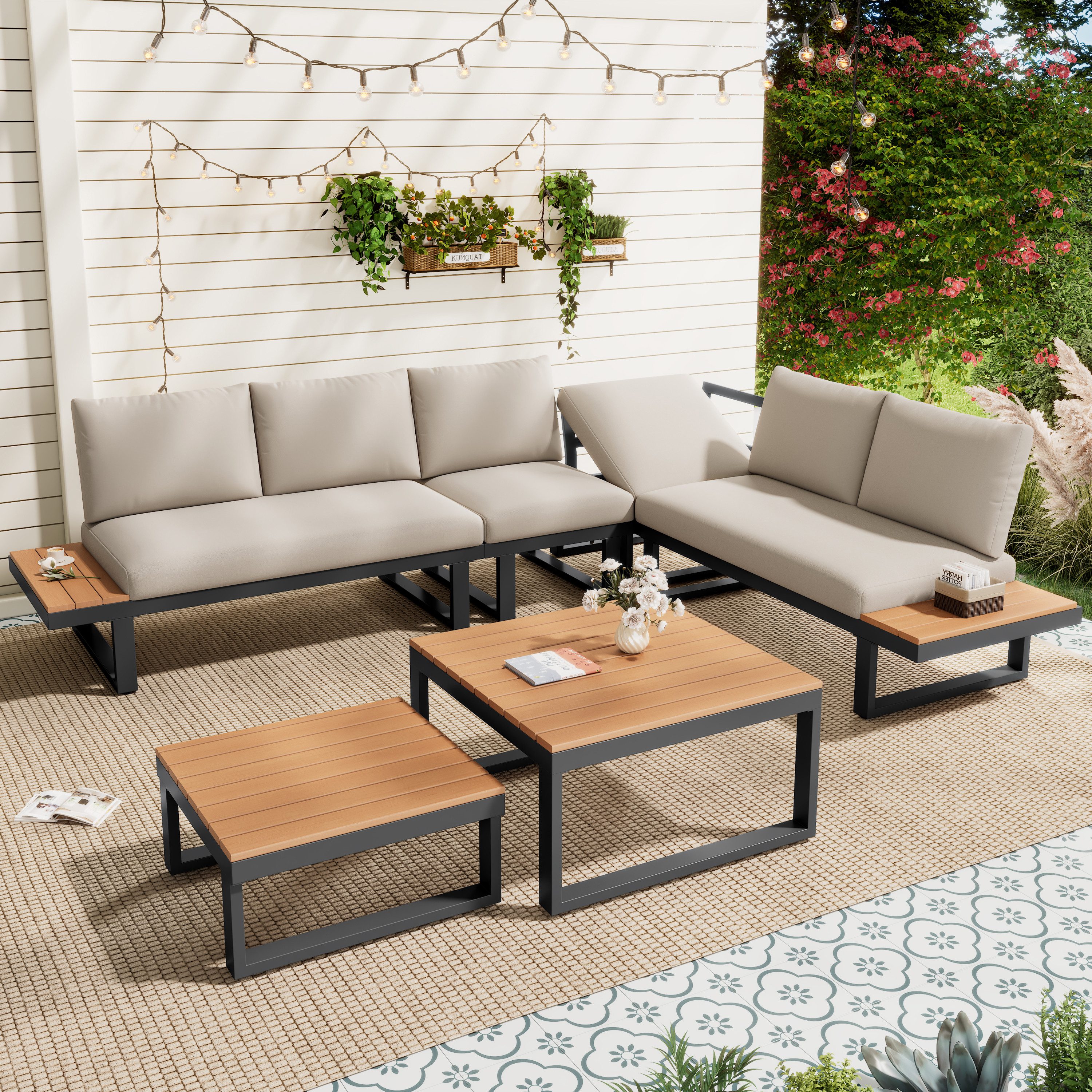 Flieks Gartenlounge-Set, 6-Sitzer Gartenmöbel 2 Tisch, Ecksofa mit 5-stufig-Neigungsfunktion