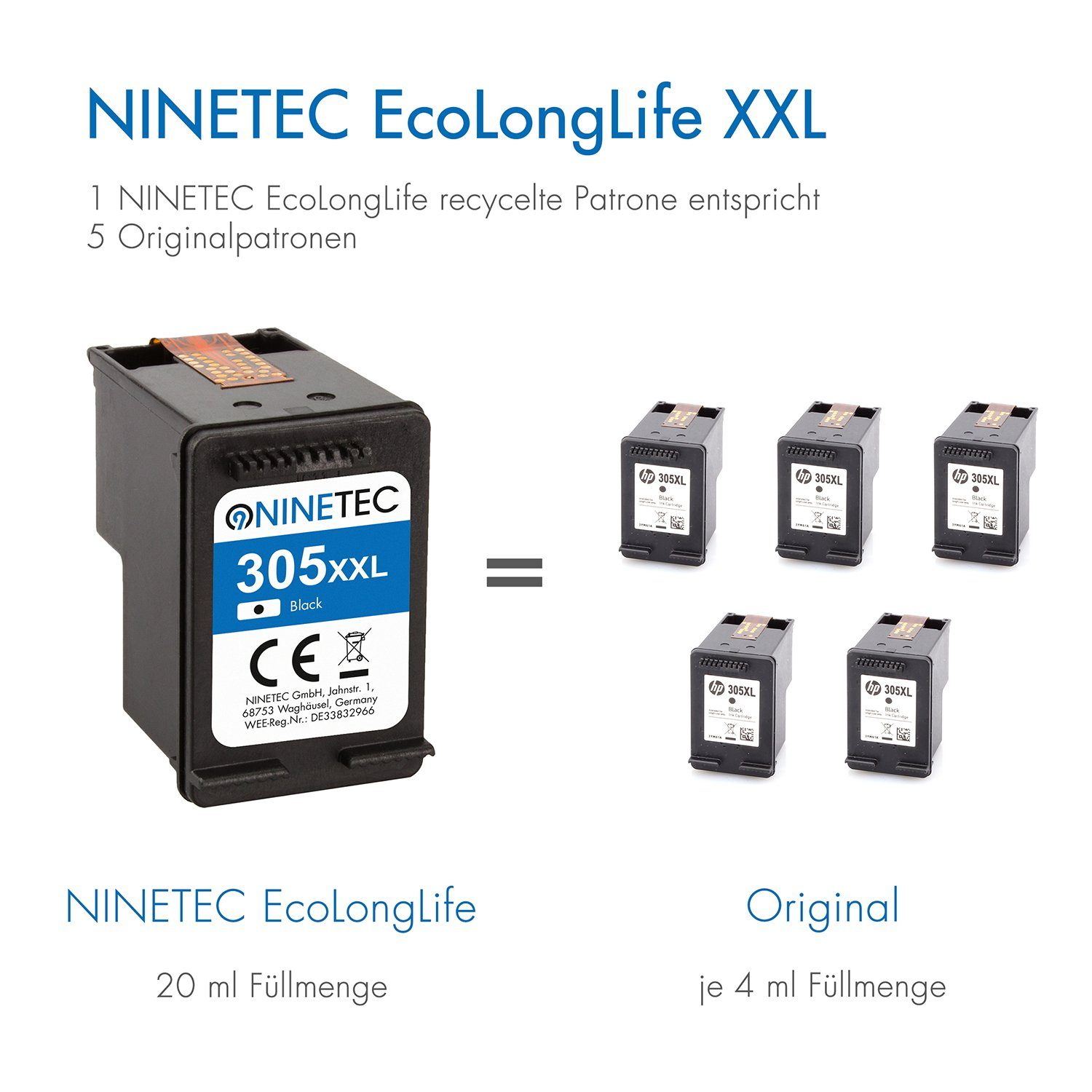 ersetzt 305XL Inhalt! mehr EcoLonglife 375% XL Set HP über NINETEC 305 Tintenpatrone XXL 3er