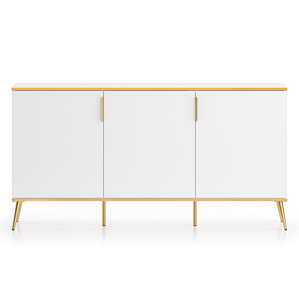 Lomadox Sideboard VLORA-131, Wohnzimmerschrank, 3-türig, weiß mit goldfarbigen Details, 170cm breit