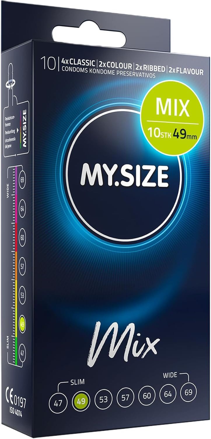 MY.SIZE Kondome Mix, gemischte Kondome in individueller Passform, blaue, rote mit Erdbeeraroma, gerippt, classic