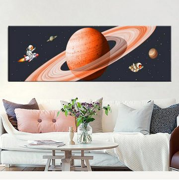 TPFLiving Kunstdruck (OHNE RAHMEN) Poster - Leinwand - Wandbild, Landschaft Kosmos Weltraum Astronaut Planeten Leinwandgemälde (Leinwandbild XXL), Farben: Schwarz, Blau, Weiß, Orange, Gelb -Größe: 20x60cm