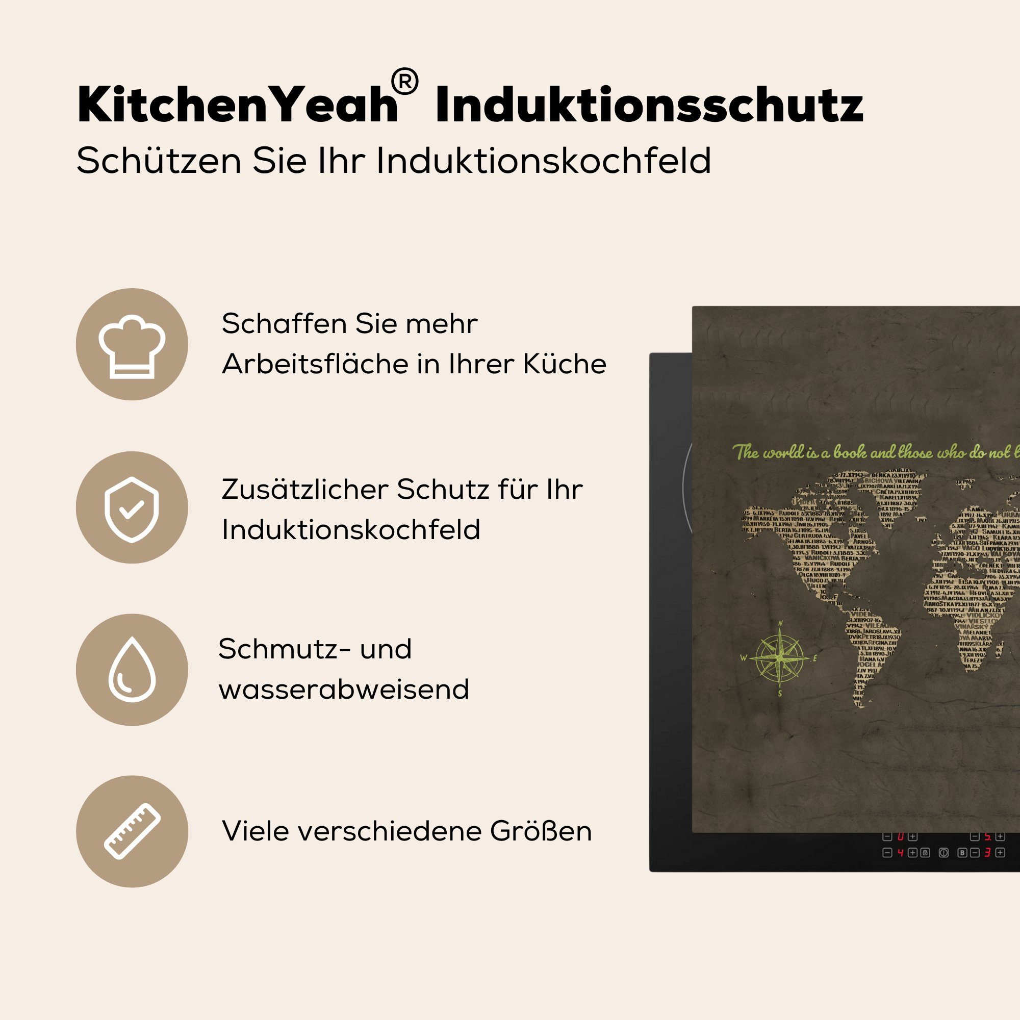 küche Herdblende-/Abdeckplatte Zeitung (1 78x78 Ceranfeldabdeckung, - - Grün, cm, für Weltkarte Vinyl, MuchoWow Arbeitsplatte tlg),