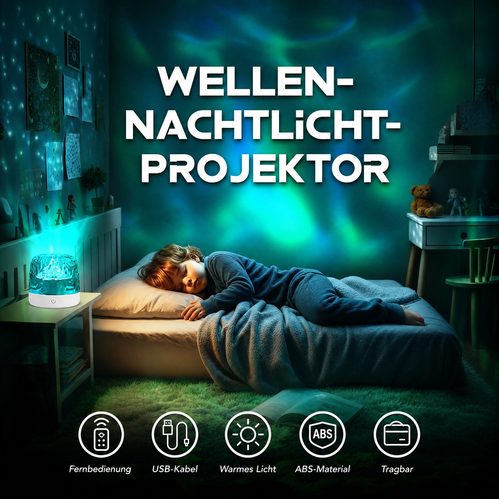 Wootoy Nachtlicht LED Nachtleuchte Nachttischlampe dekorative Stimmungsleuchte, 5 Helligkeitsstufen einstellbar inklusive Fernbedienung, LED fest integriert, Warmes Licht, Wasserwellen-Design Projektor mit 16 Farben