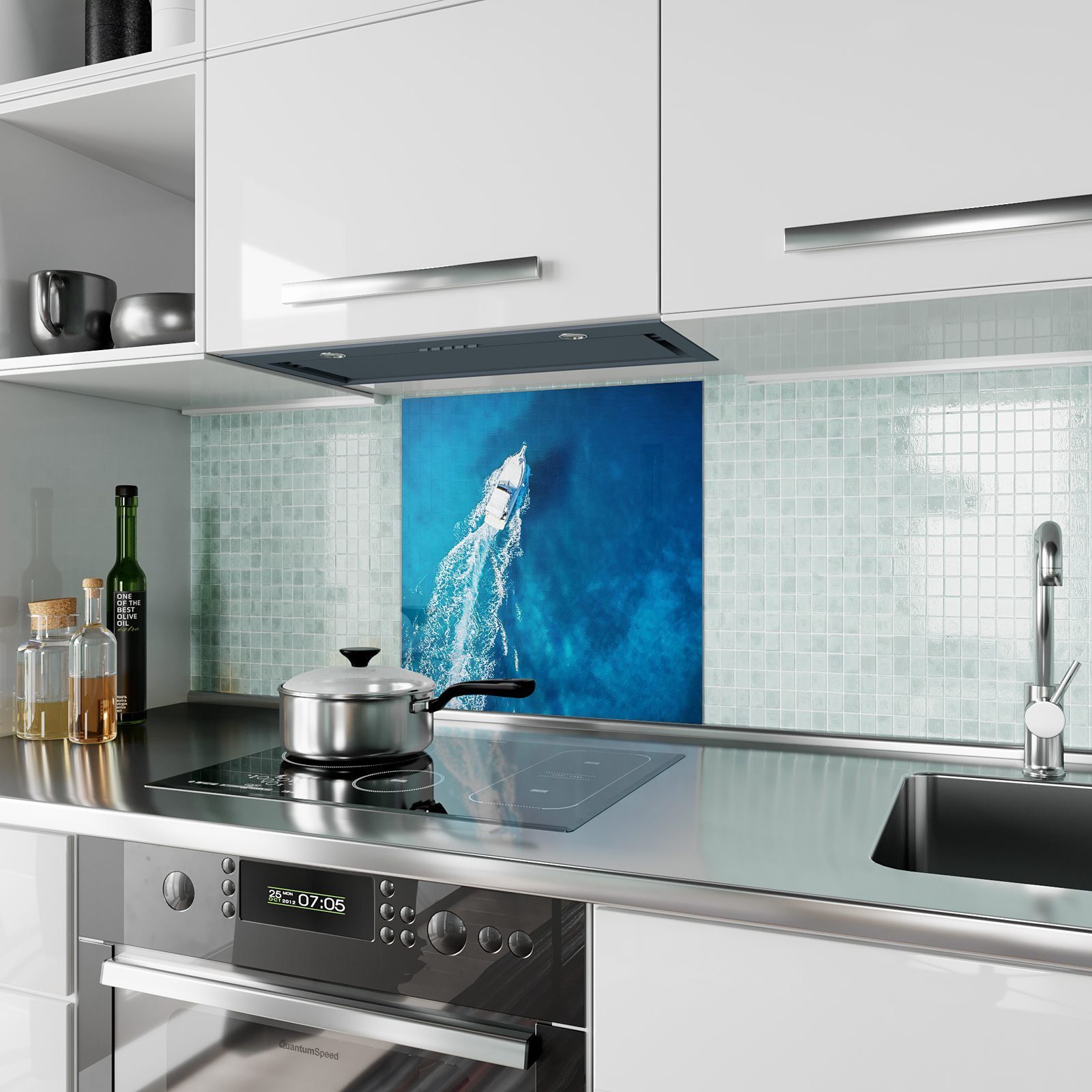 Motiv Spritzschutz mit Primedeco Yacht Glas Luftaufnahme Küchenrückwand Küchenrückwand