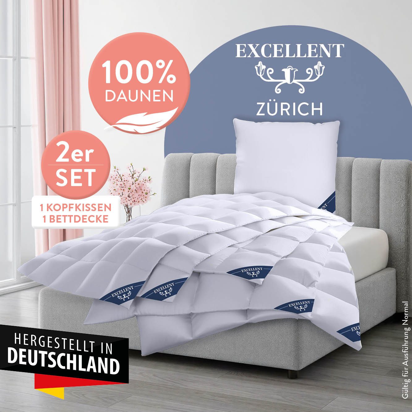 Excellent Daunenbettdecke + 3-Kammer-Kopfkissen Bettdecken-Set Zürich, Bettdecke 135x200 & 155x220 cm, Füllung: Bettdecke 100 % Daunen, Bezug: Einschütte (Bettdecke), Bettdecke 100% Daunen für Winter, Sommer, Kissen mit 90% Daunen