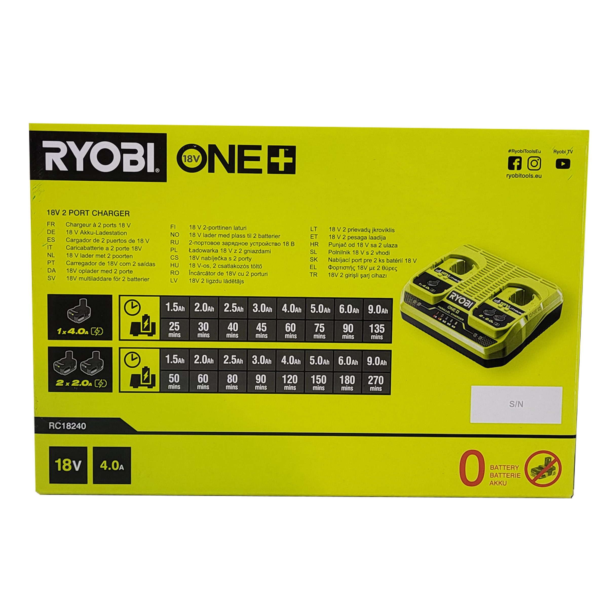 RYOBI Ryobi RC18240 - 18V ONE+ Doppel-Ladegerät (ohne Akkus), schnell Akku-Ladestation (1-tlg)
