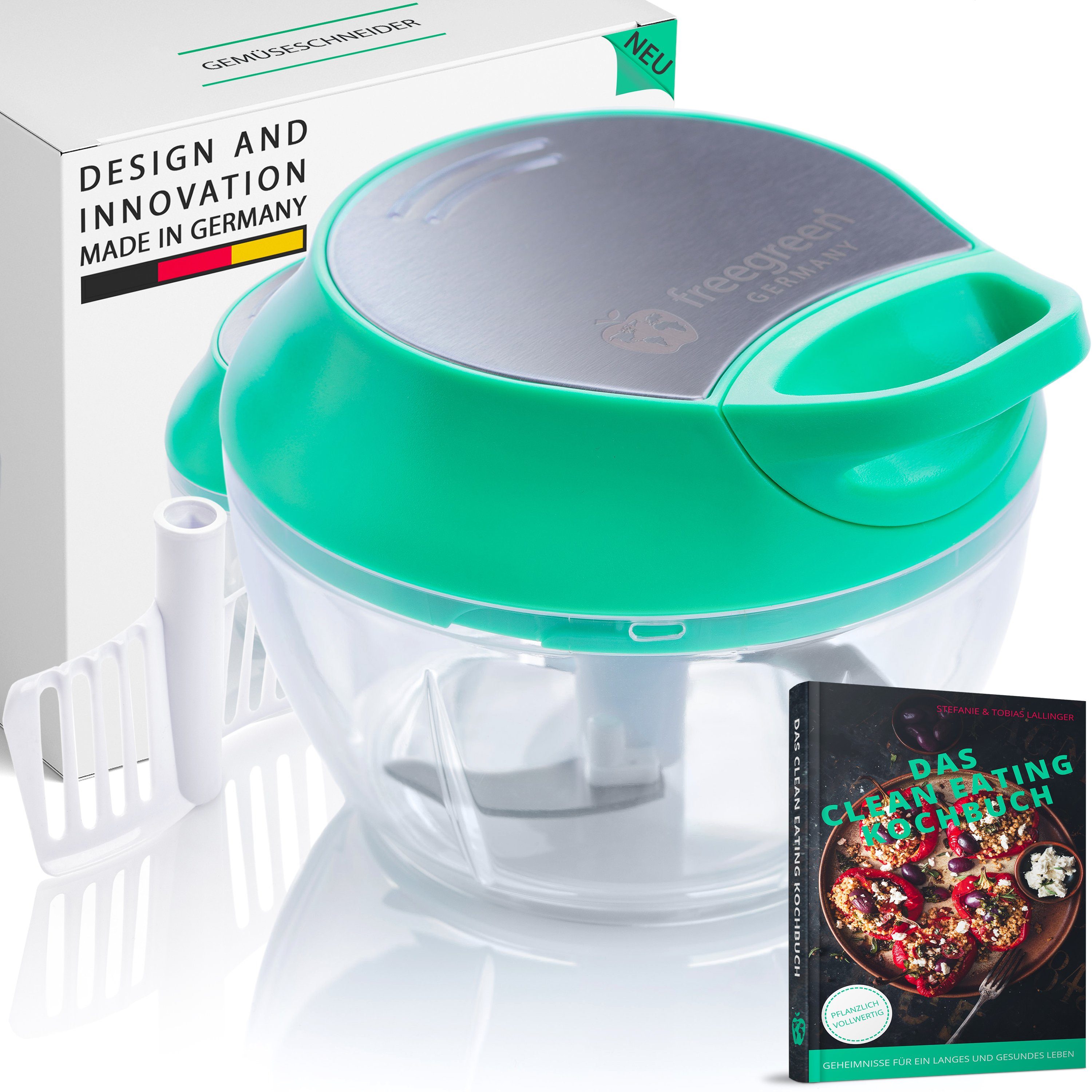 freegreen® Zwiebelhacker 540 ml, Multi-Zerkleinerer I Zwiebelschneider I Universalzerkleinerer, Edelstahl Gemüseschneider mit Mixer-Einsatz und Frischhaltedeckel