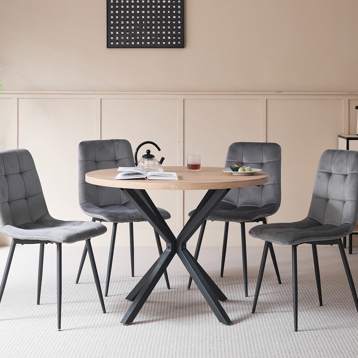 GrandCA HOME Essgruppe Tisch- und Stuhl-Set im Nordischen Stil, Essgruppe mit Stühlen, (5-tlg), Stühle aus Dutch Velvet / Cord, Metallbeine, Schwarz/Grau