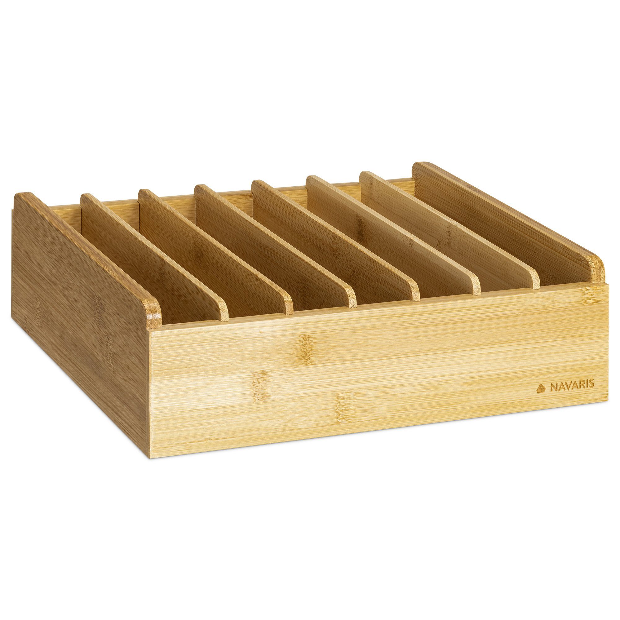 Navaris Aufbewahrungsbox Bambus Deckelhalter mit 7 verstellbaren Fächern  für Küche, Bambus Deckelhalter mit 7 verstellbaren Fächern für Küche