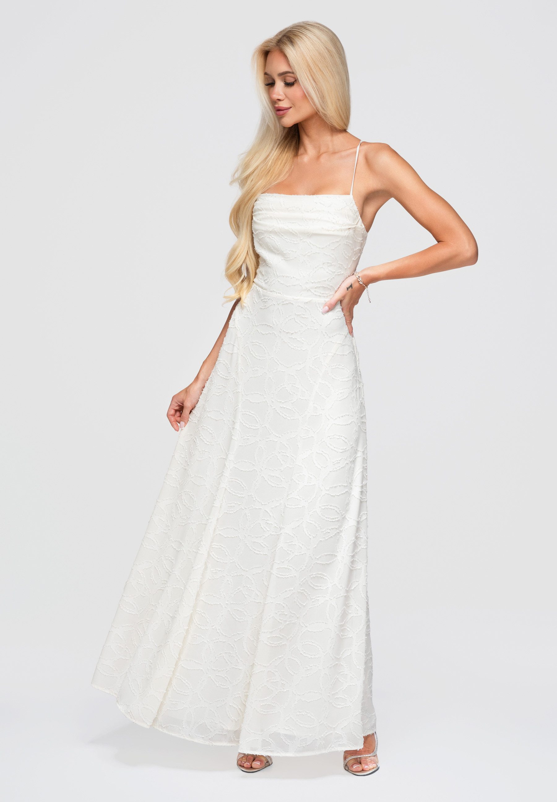 OMBRE Abendkleid Damen Abendkleid mit A-Linie und Spaghetti-Trägern Ecru S (kein Set, 1-tlg) maxi Kleid