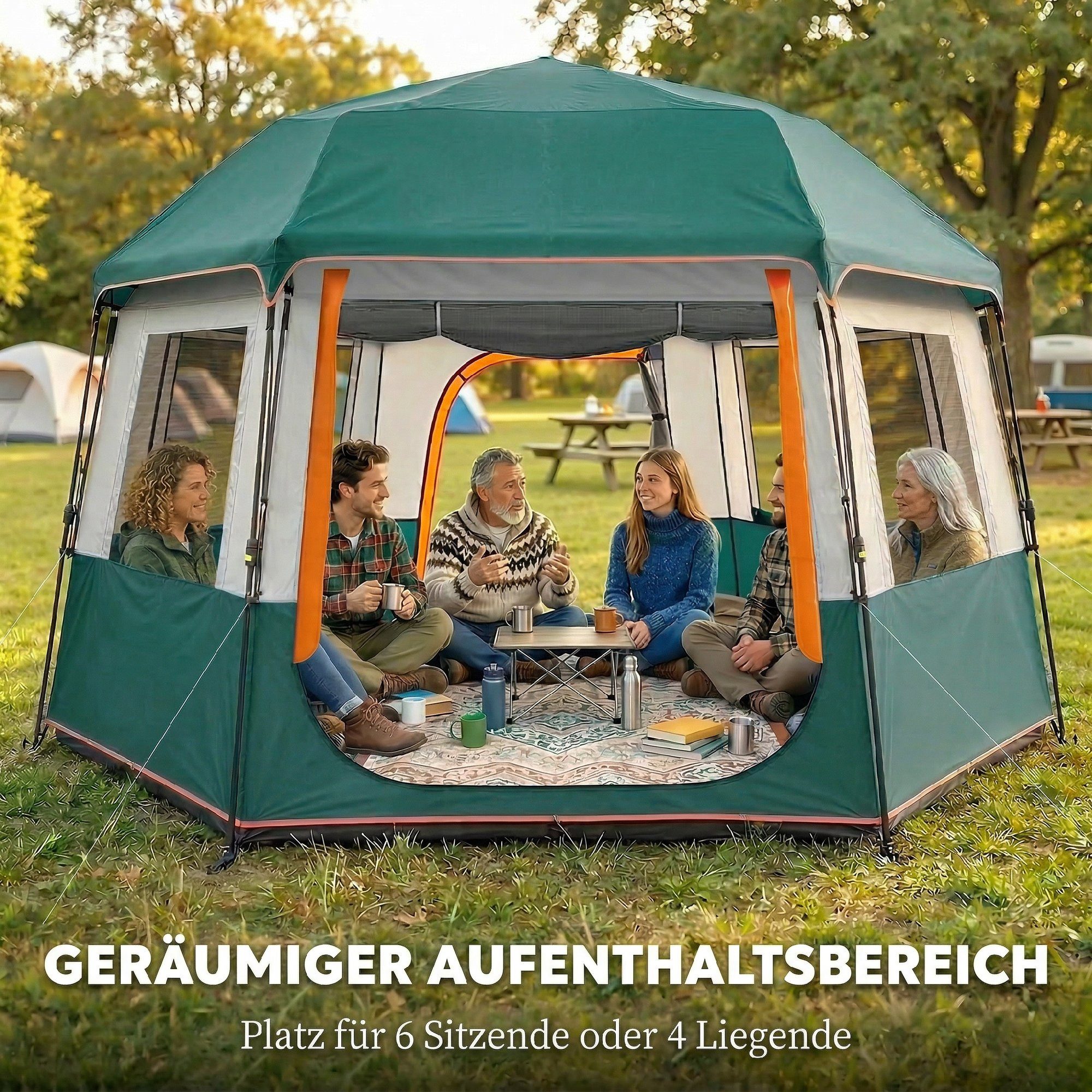Outsunny Kuppelzelt stabil wasserdicht mit Tragetasche 3000mm Wassersäule Tunnelzelt, Personen: 6 (Campingzelt, 1 tlg., Familienzelt), mit UV30+ Schutz Grün – Bild 4 von 5