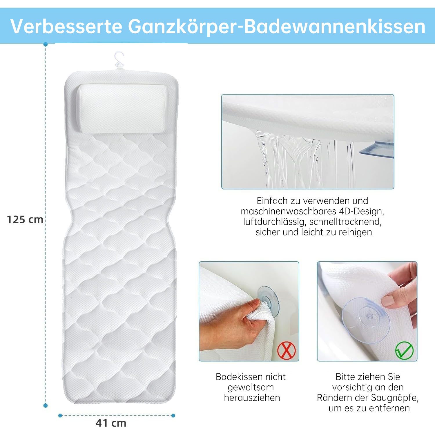 Refined Living Badewannenkissen 125x41cm Badewannenmatte mit Kopfstütze, 4D-Air-Mesh & 13 Saugnäpfen, Duschmatten Luxus Badewannenkissen mit Aufhängehaken, Spa Badekissen, 1-tlg., Ganzkörper Badewannenzubehör mit Nacken- und Rückenstütze, rutschfest, Schimmelresistent, Ergonomisches Kopfkissen Badewanne, Badaccessoires
