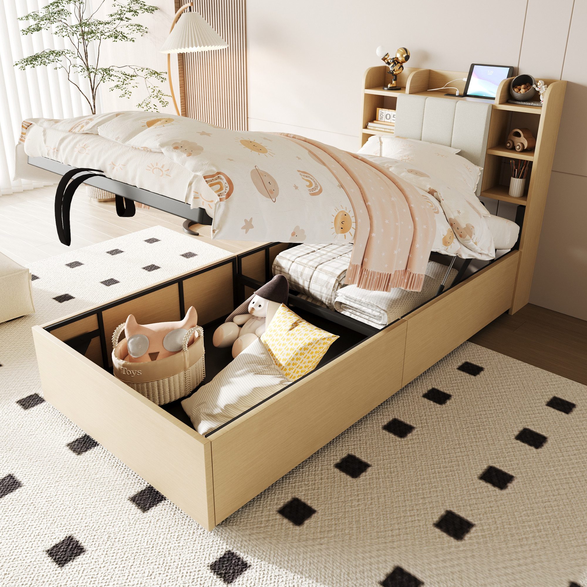 Merax Polsterbett mit hydraulischem Stauraum & gepolsterter Rückenlehne (1-tlg., Einzelbett), Hydraulisches Jugendbett 90x200cm mit Ablagefächern Ladeanschlüssen