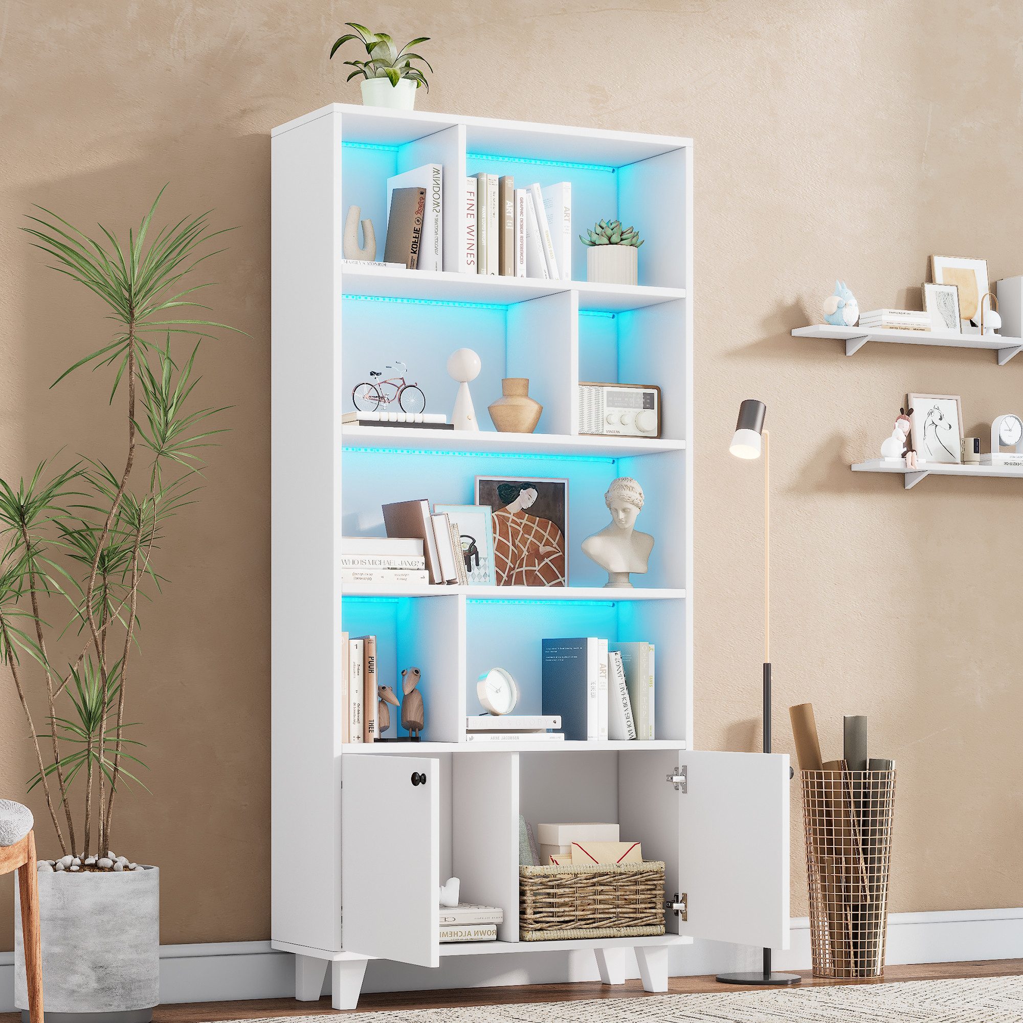 Flieks Bücherregal Hochschrank mit LED-Beleuchtung Mehrzweckschrank Holz, B80/T30/H173 cm 1-tlg., Standregal Büroregal Bücherschrank mit 7 offenen Fächern und 2 Türen