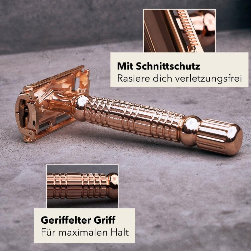 Störtebekker Rasierset - Rasierhobel 'Hamburg' (Rosé-Gold) - Rasierset Herren, mit Rasierpinsel, Rasierschale, Rasierseife, Alaunstein und 10 Klingen