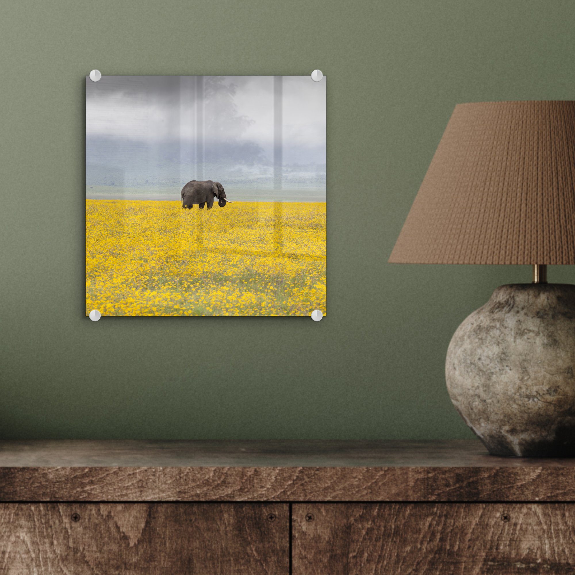 MuchoWow Bilder Glas - - - Natur Glas (1 - - Wanddekoration St), Wandbild Gelb auf Glasbilder Elefant Blumen - Tiere, - Acrylglasbild auf Foto