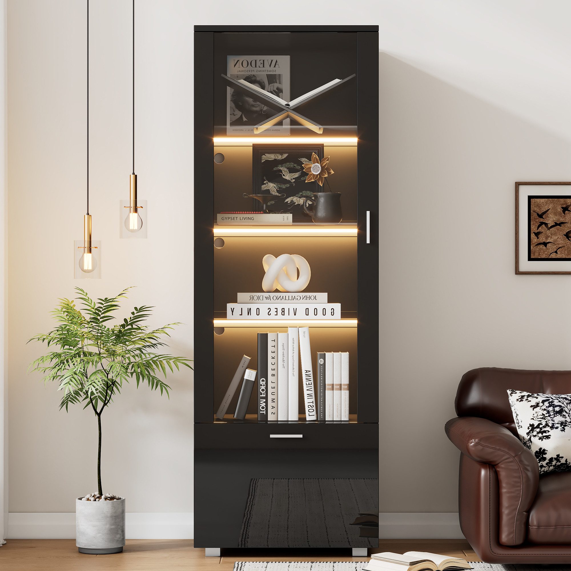 OKWISH Vitrine Hochglanz Vitrine (Glasvitrinen, Hochschrank, 1-St., 4 Ebenen, 1 Acrylglas-Tür, 3 Glasböden, 1 Schublade) mit LED-Beleuchtung und versteckter Schublade