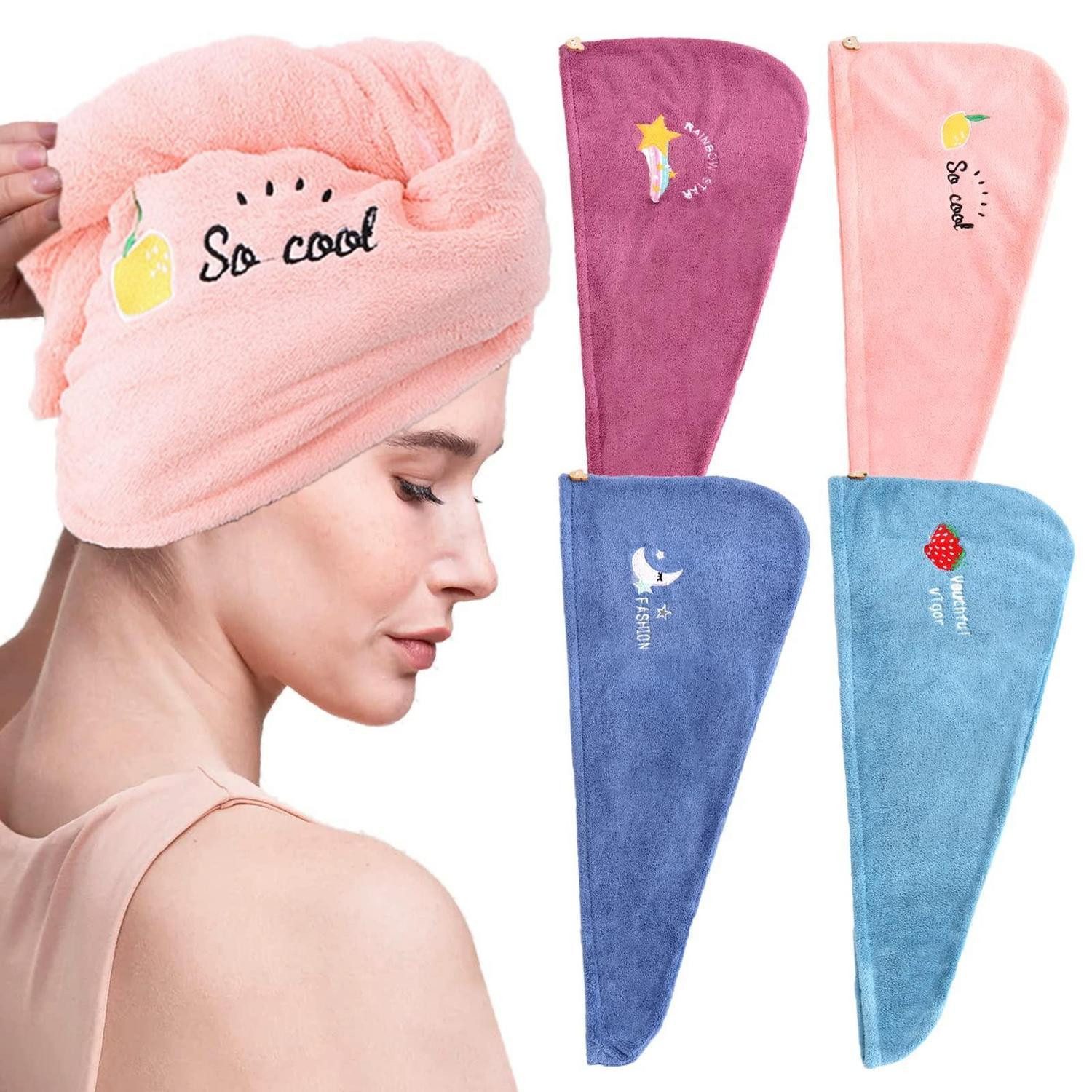 LuxusKollektion Turban-Handtuch Mikrofaser Haarturban 4er Set mit Knopf, (4-St)