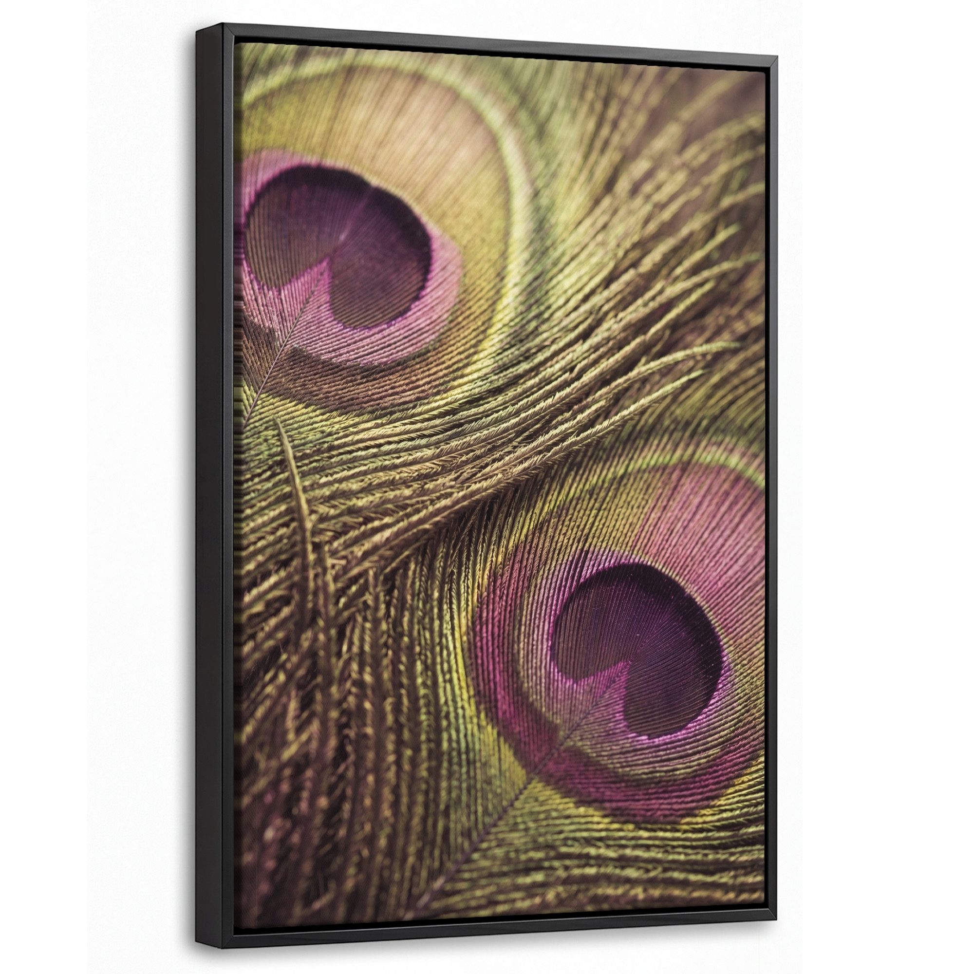 OneMillionCanvasses® Leinwandbild mit Rahmen - Pfau - Federn - Lila - Grün, Fotodruck (1 St), Deko für Wohnzimmer Schlafzimmer Küche 20x30cm