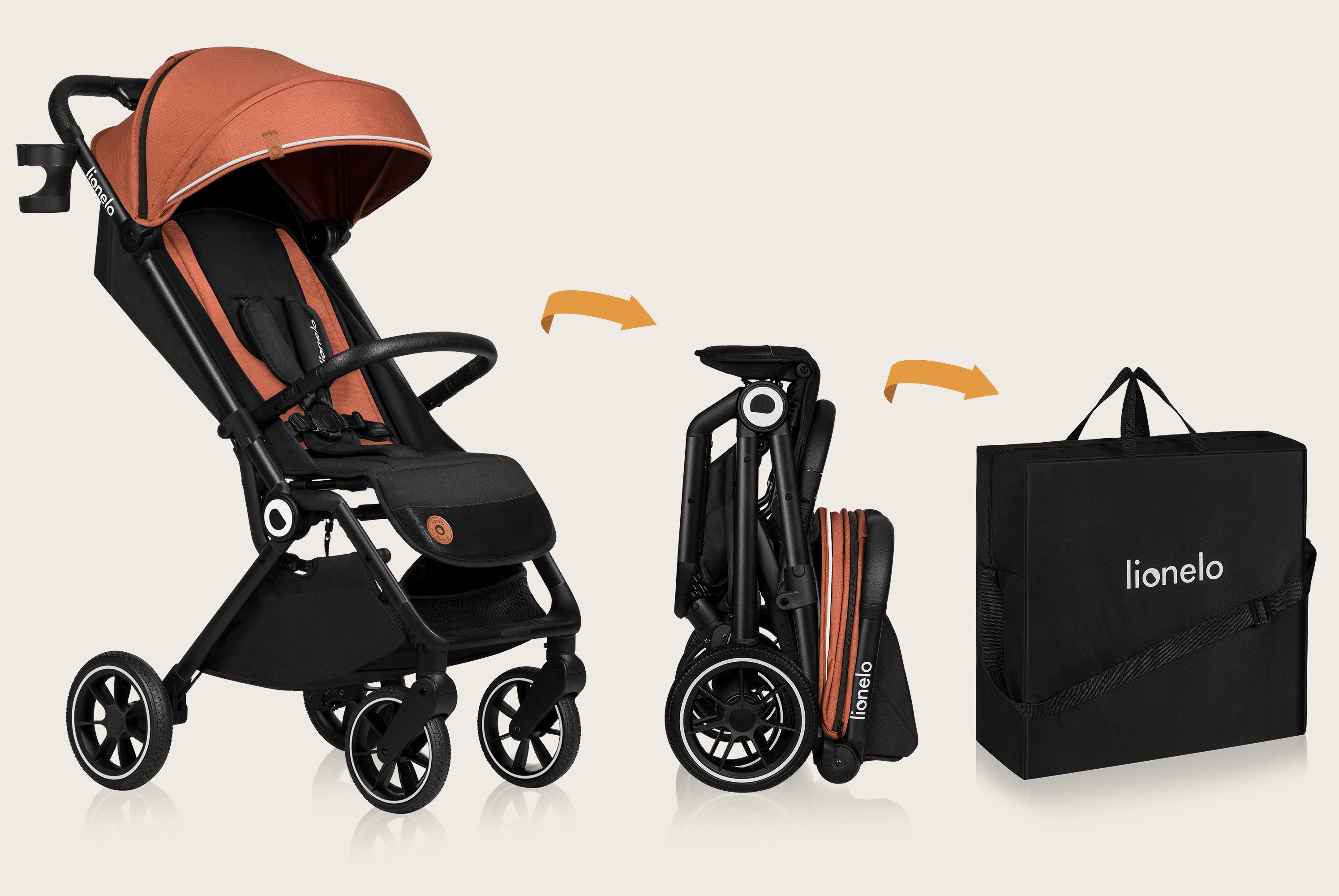 lionelo Kinder-Buggy CLOOE, (Set mit Moskitonetz, Becherhalter, Fußabdeckung und Tragegurt für die Schulter), Auto-Folding/PU-Räder/XXL-Verdeck/Tragegurt/8,2 kg