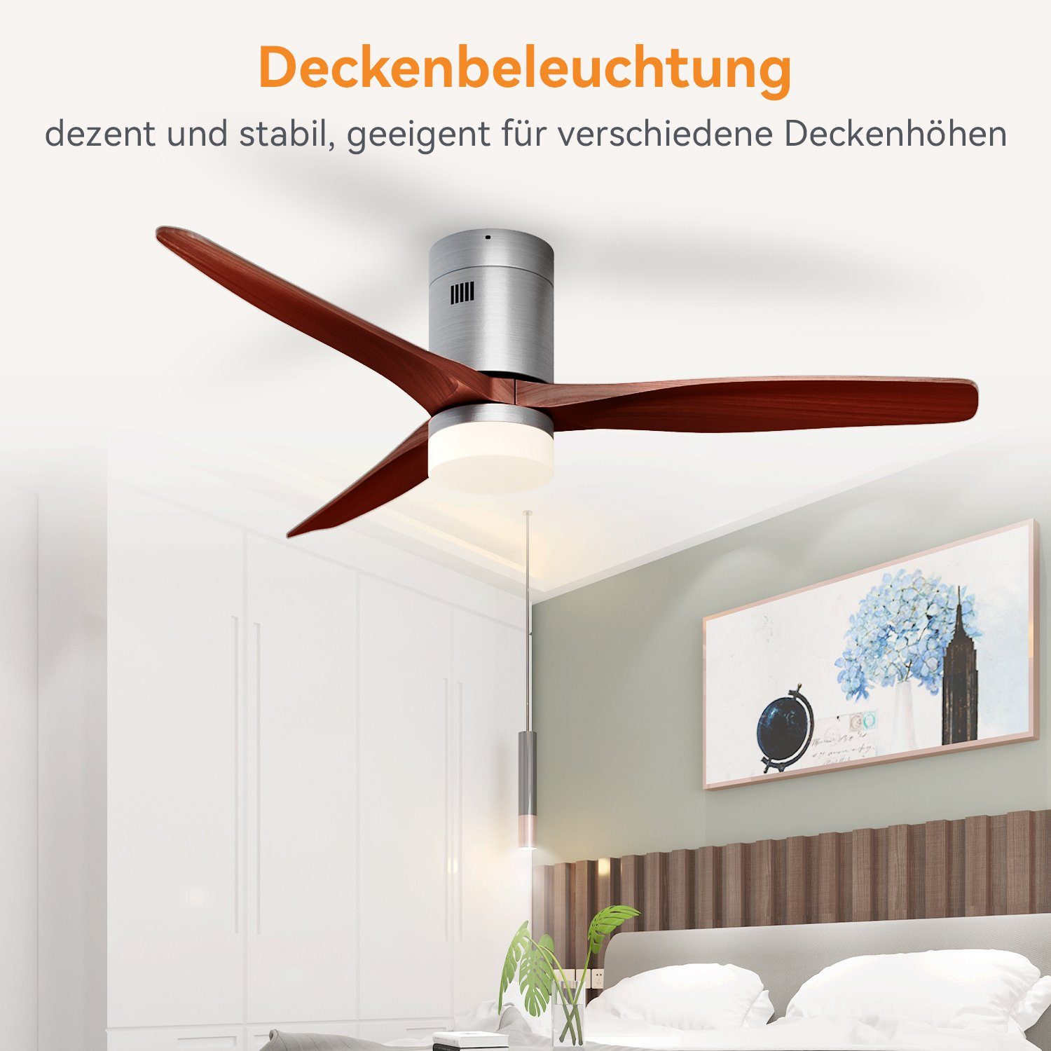 SONNI Deckenventilator holz mit LED licht Dimmbar leise 132 cm 3 Flügel,5 Leistungsstufen, DC-Motor,35W, energiesparend, geeignet für Sommer und Winter