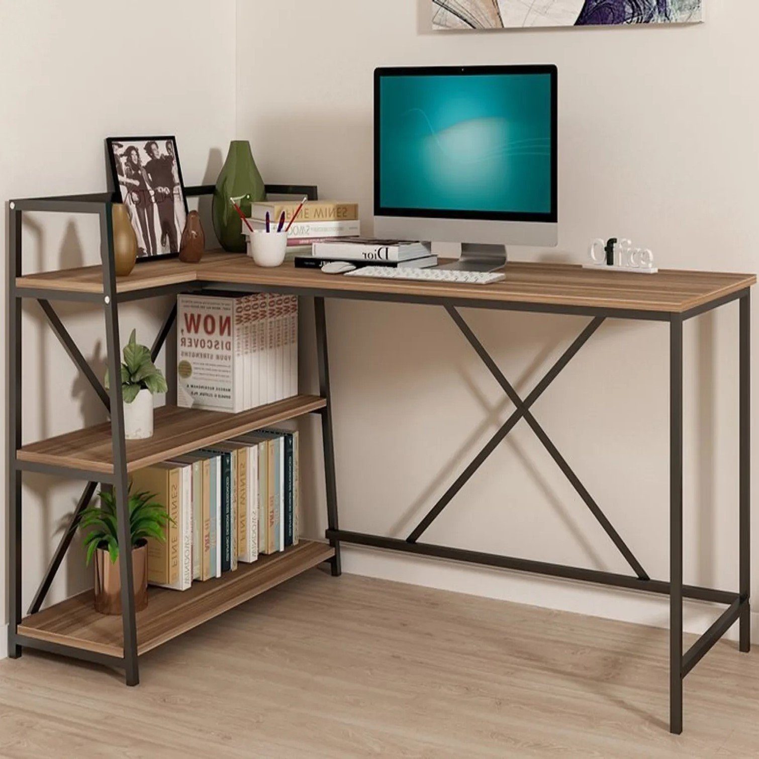 Industriedesign Schreibtisch Moblix Bücherregal, Bürotisch LORI Schreibtisch mit