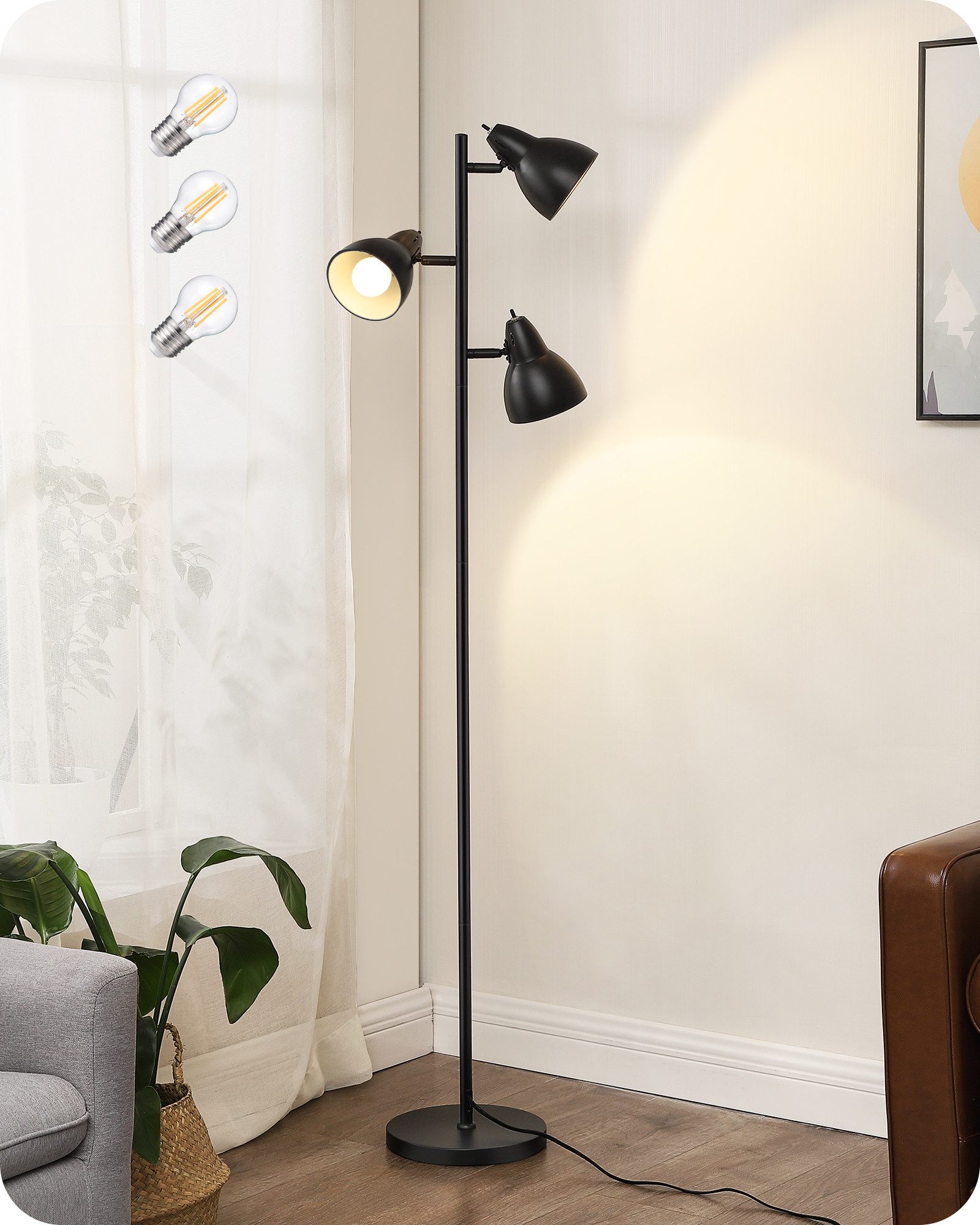 EDISHINE Stehlampe Wohnzimmer 163cm, 3-flammige Standleuchte, LED wechselbar, Schwenkbar