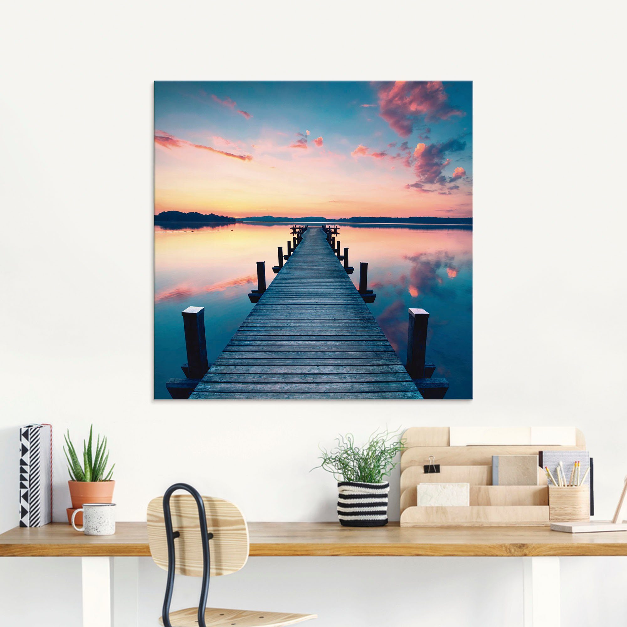 Artland Glasbild Langer Pier am See im Sonnenaufgang, Gewässer (1 St), in verschiedenen Größen