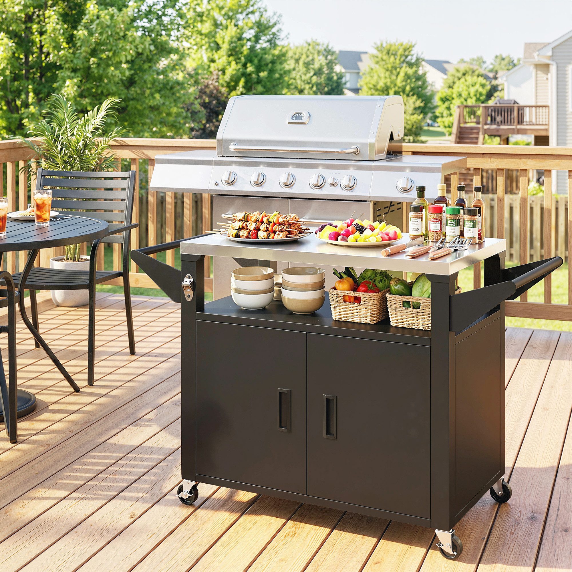 Outsunny Servierwagen Rollwagen Küchenwagen Küchentrolley mit Rollen, Schrank, Griffe, (Rollwagen, 1 St., Küchenwagen), 117 x 55 x 78 cm Schwarz